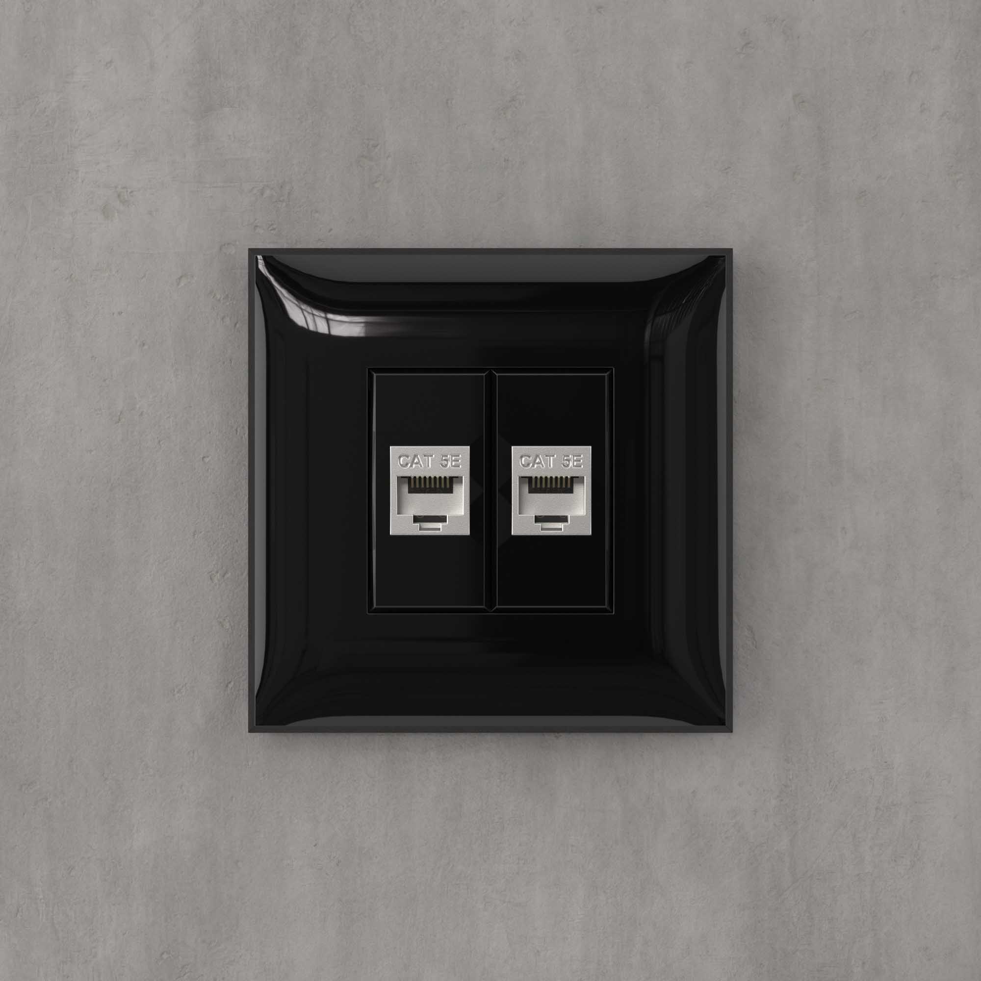 Компьютерная розетка RJ-45 без шторки в стену, кат.5e двойная экранированная, "Avanti", "Черный квадрат"