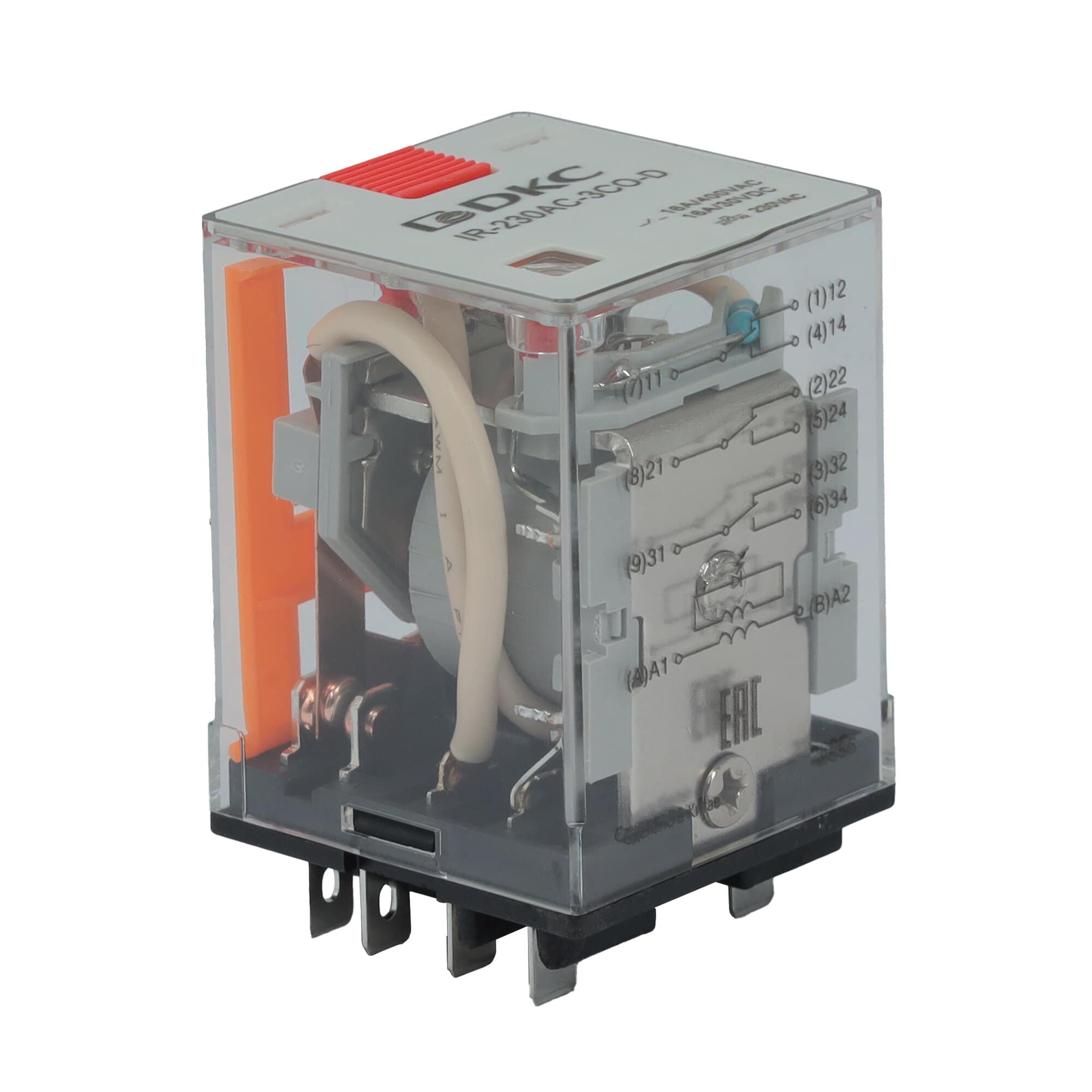 Реле миниатюрное силовое, 3CO, ком. ток 16А, AgSnO2, напряжение 230V AC, опция: тест-кнопка+светодиод