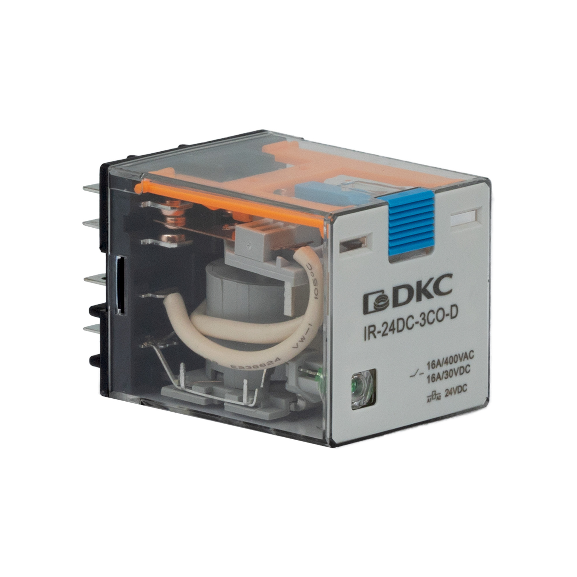 Реле миниатюрное силовое, 3CO, ком. ток 16А, AgSnO2, напряжение 24V DC, опция: тест-кнопка+светодиод+защитный диод