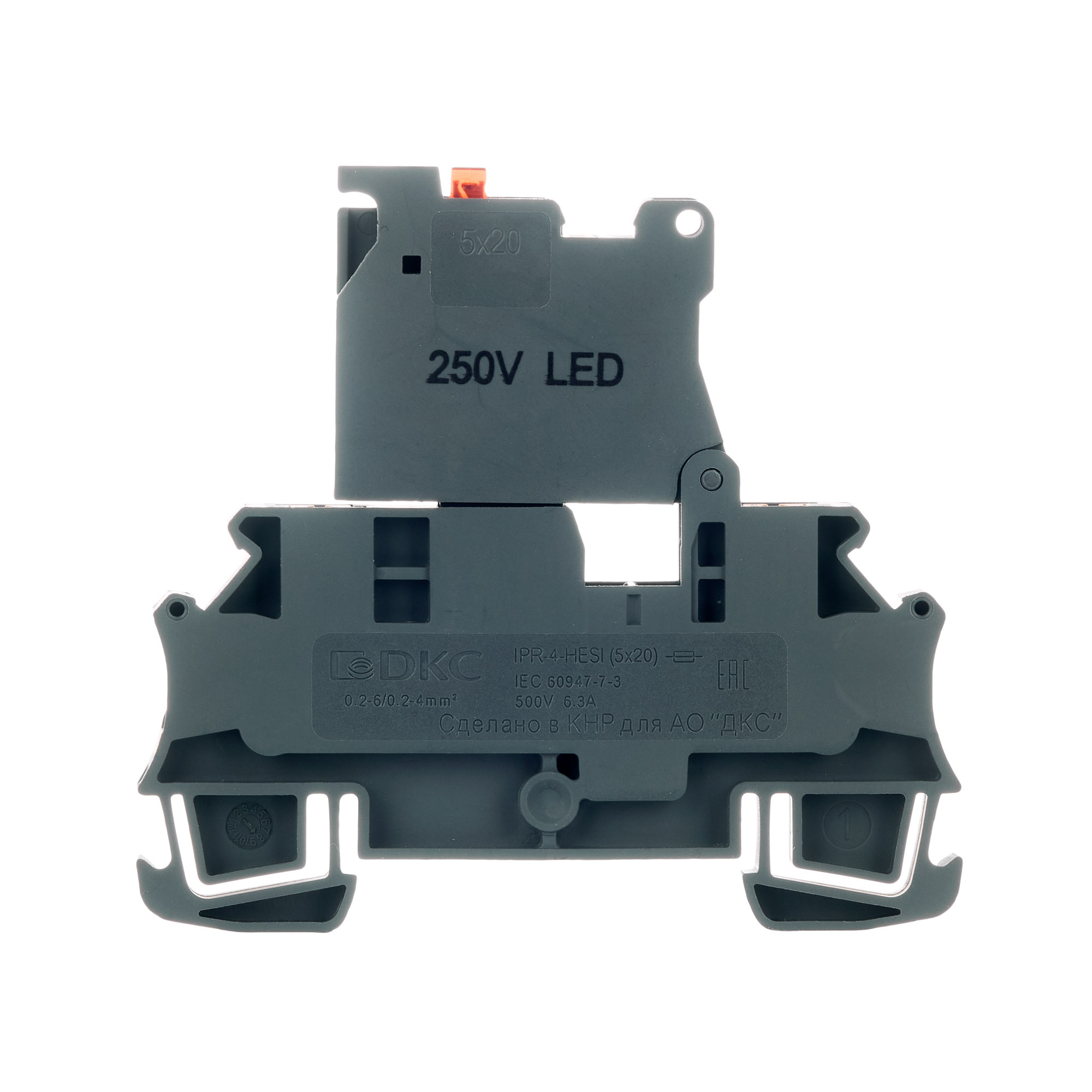 Клемма для предохранителя, зажим Push-in, 2 точки подключения, индикация 24В, 4 кв.мм, серая