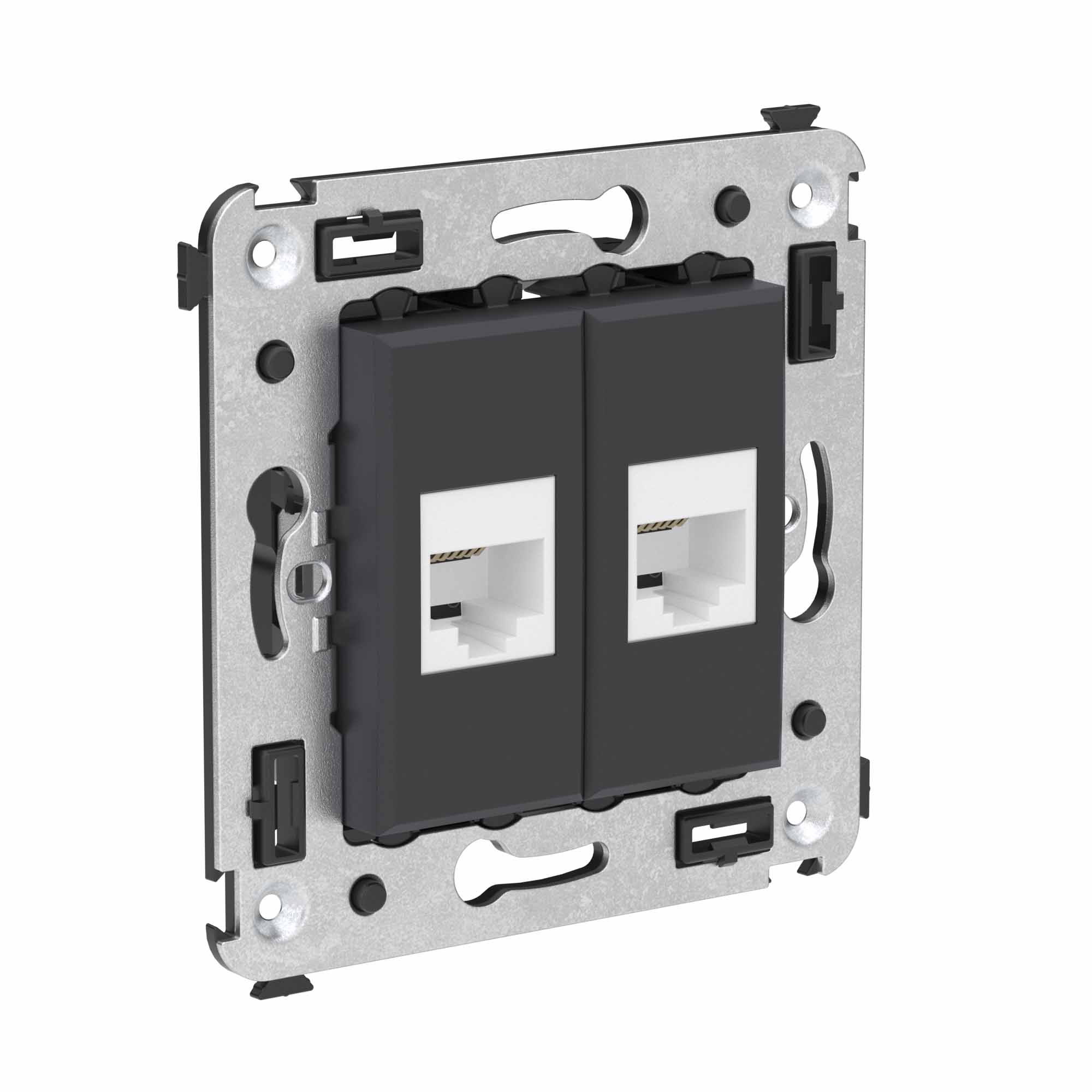 Телефонная розетка RJ-12 без шторки в стену двойная, "Avanti", "Черный матовый"