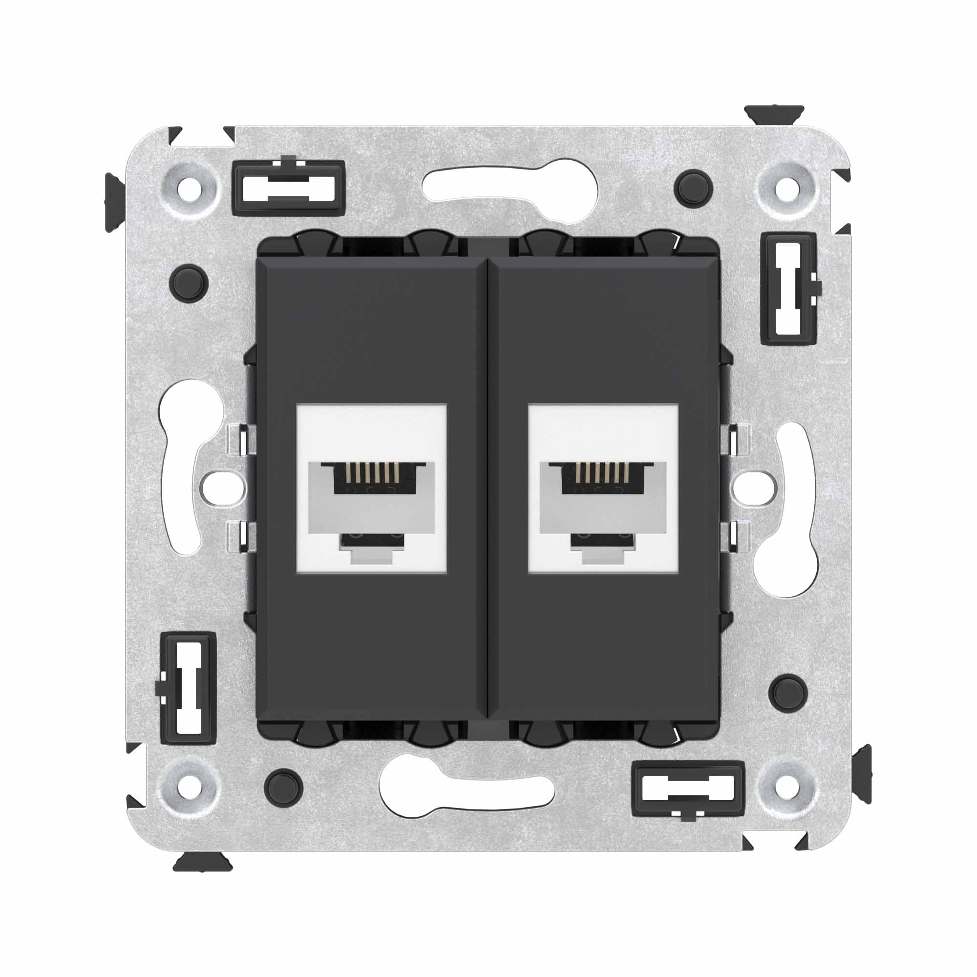 Телефонная розетка RJ-12 без шторки в стену двойная, "Avanti", "Черный матовый"