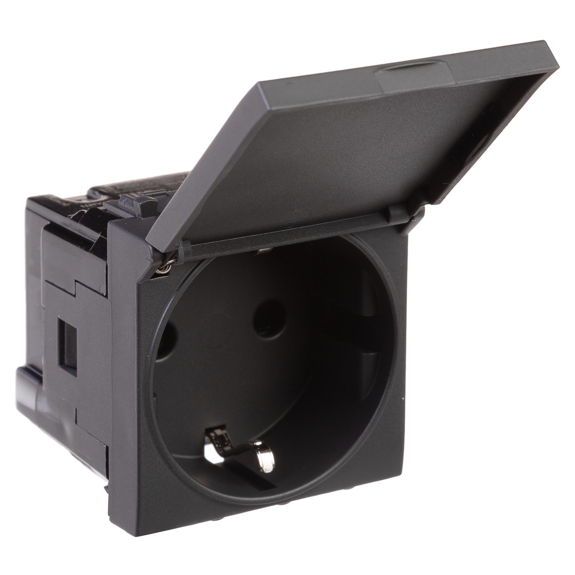 Розетка с крышкой модульная, 2P+E, с з/ш, "Avanti", "Черный матовый", 2модуля