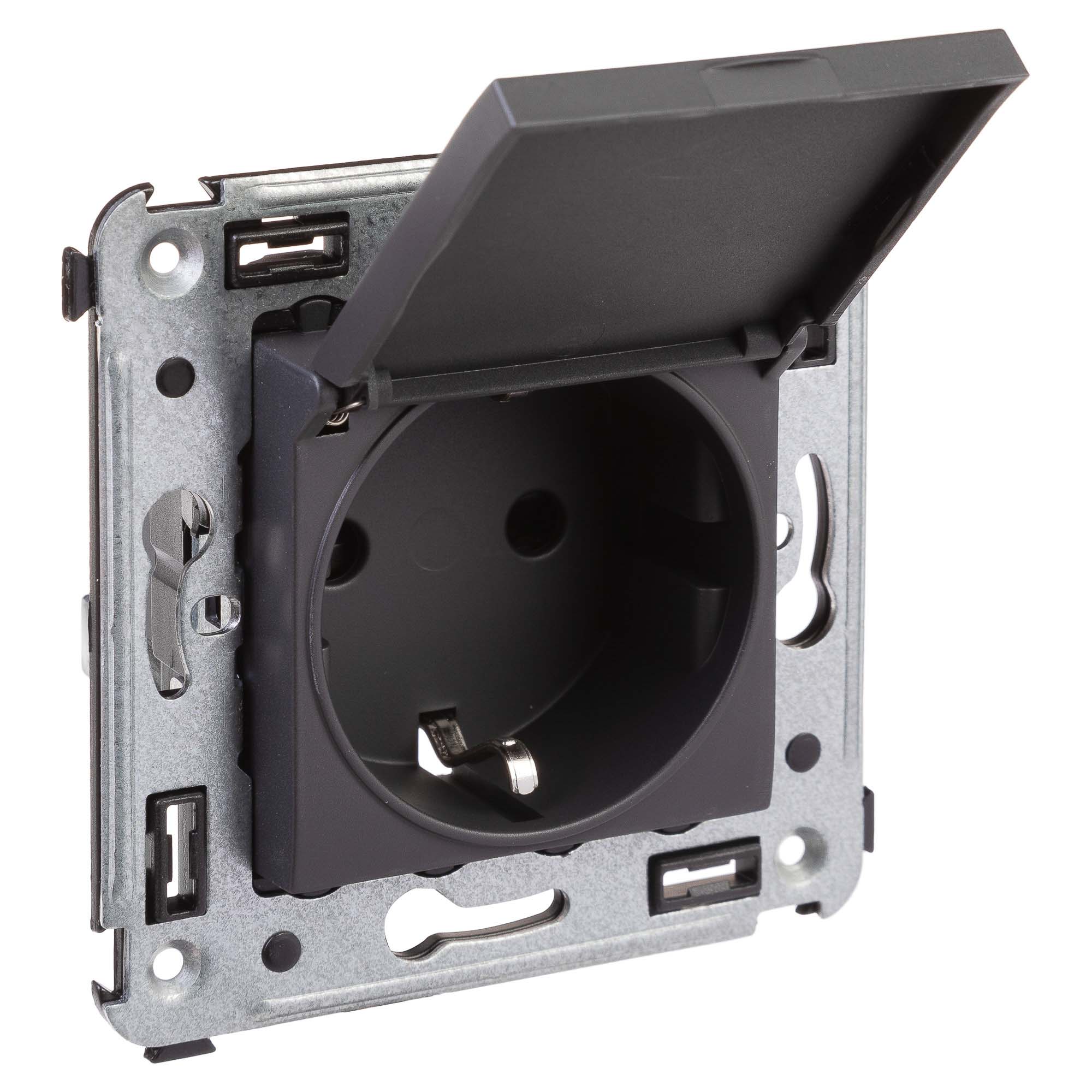 Розетка с крышкой в стену, 2P+E, с з/ш, "Avanti", "Черный матовый"