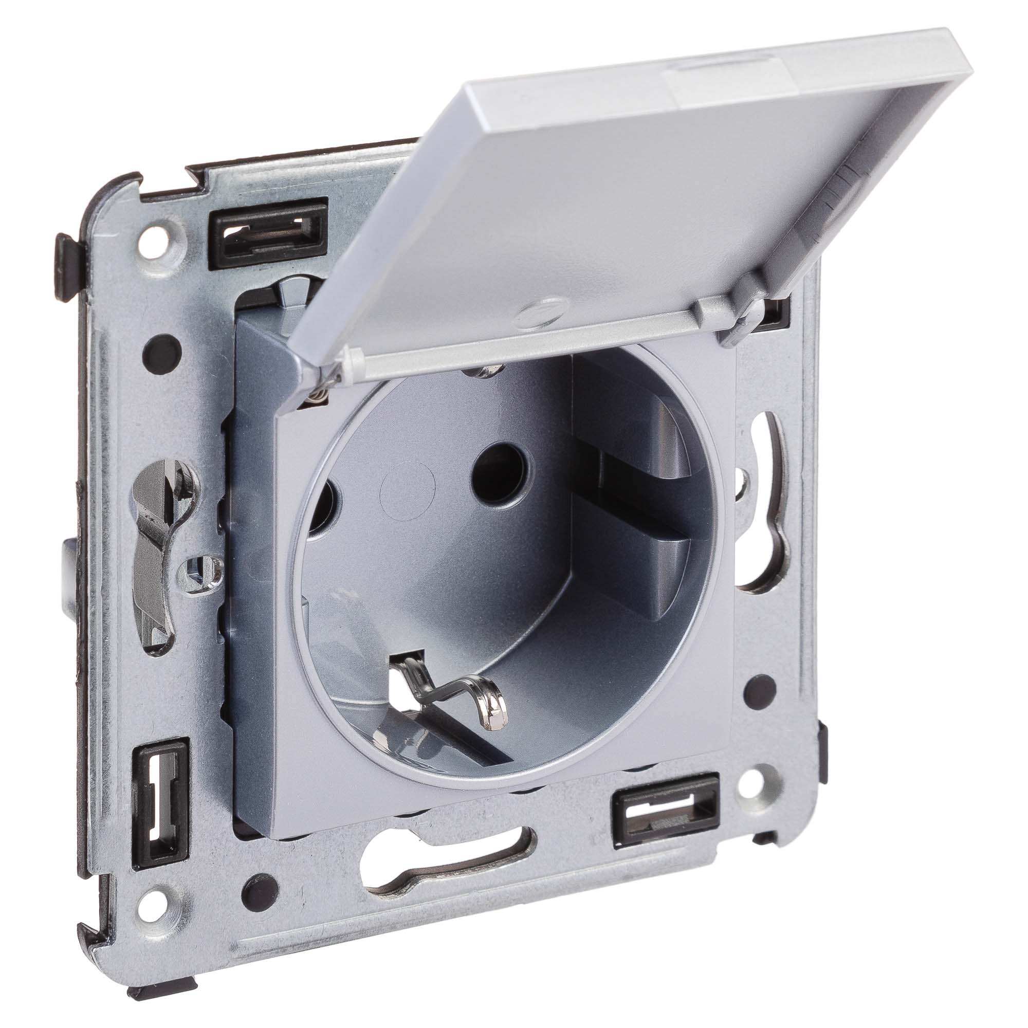 Розетка с крышкой в стену, 2P+E, с з/ш, "Avanti", "Закаленная сталь"