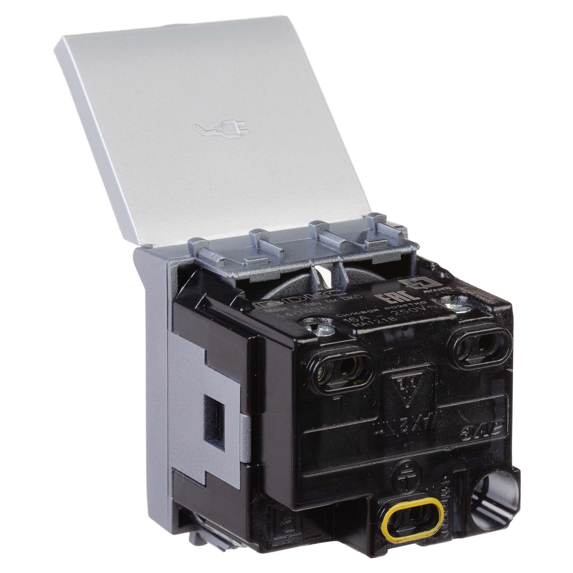 Розетка с крышкой модульная, 2P+E, с з/ш, "Avanti", "Закаленная сталь",2 модуля