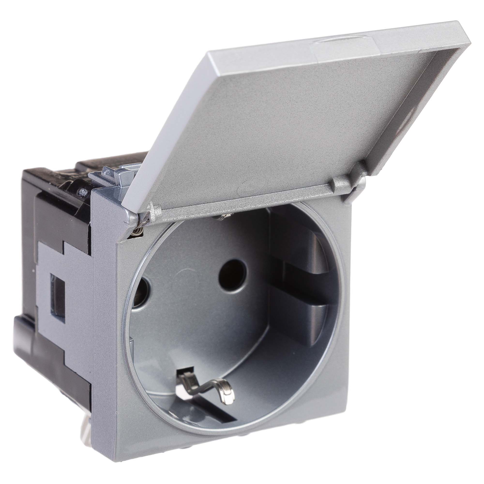 Розетка с крышкой модульная, 2P+E, с з/ш, "Avanti", "Закаленная сталь",2 модуля