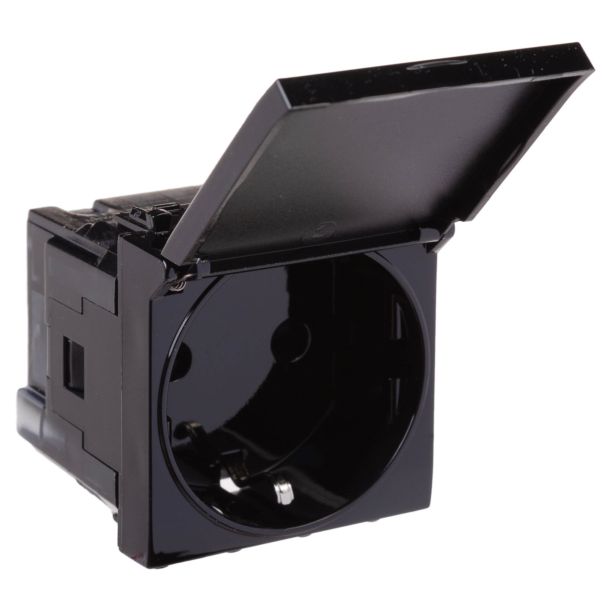 Розетка с крышкой модульная, 2P+E, с з/ш, "Avanti", "Черный квадрат", 2модуля