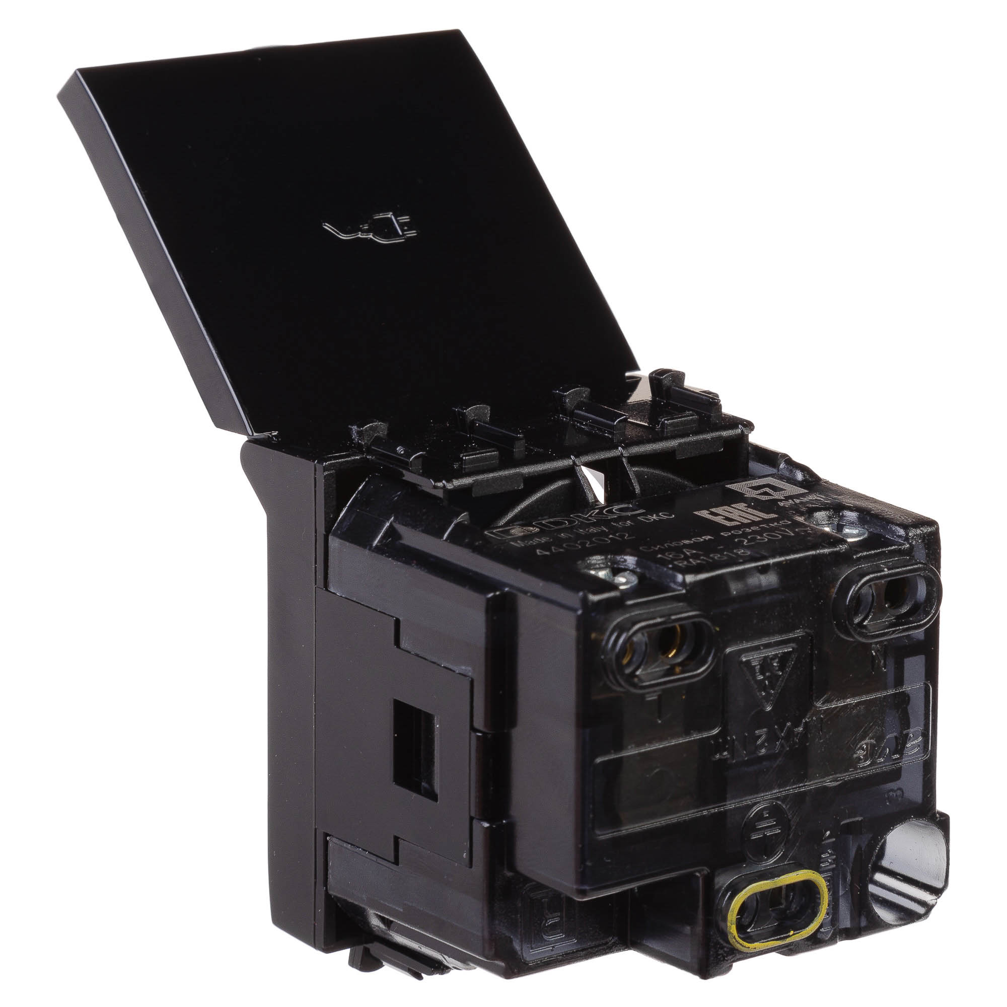 Розетка с крышкой модульная, 2P+E, с з/ш, "Avanti", "Черный квадрат", 2модуля