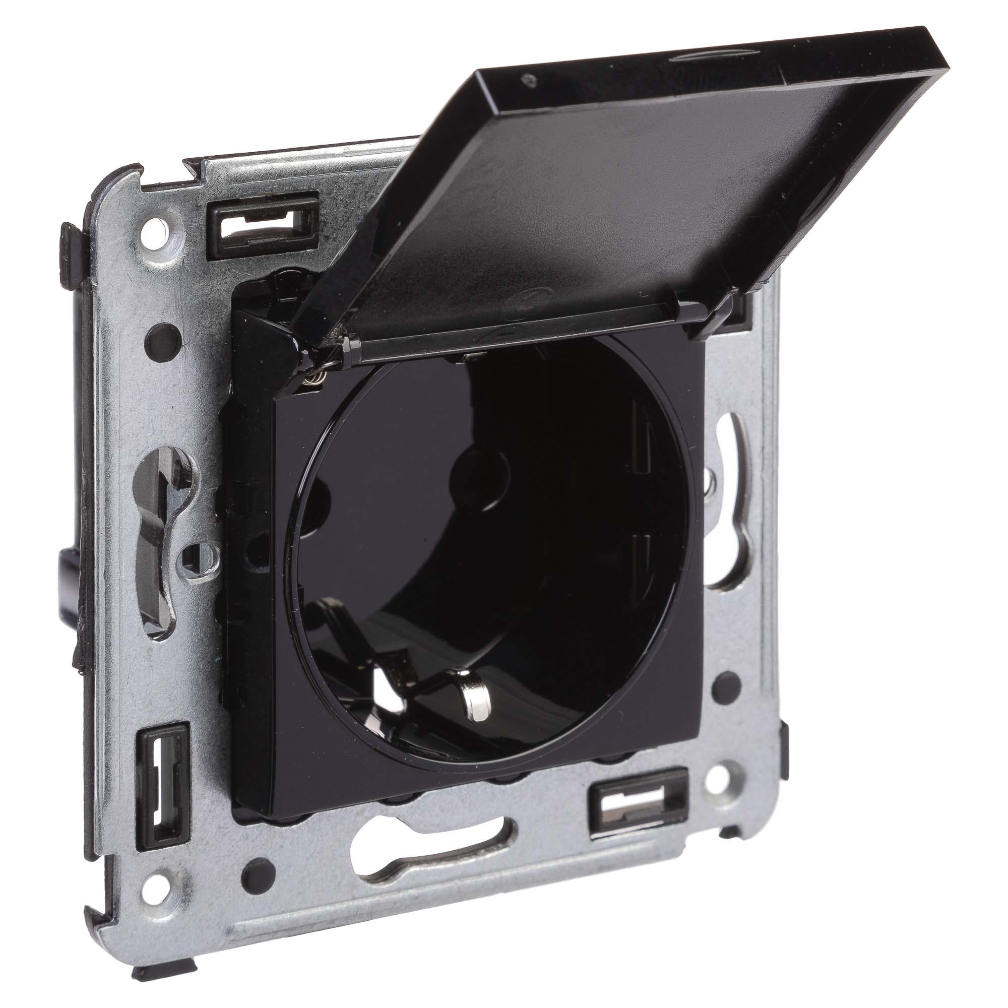 Розетка с крышкой в стену, 2P+E, с з/ш, "Avanti", "Черный квадрат"