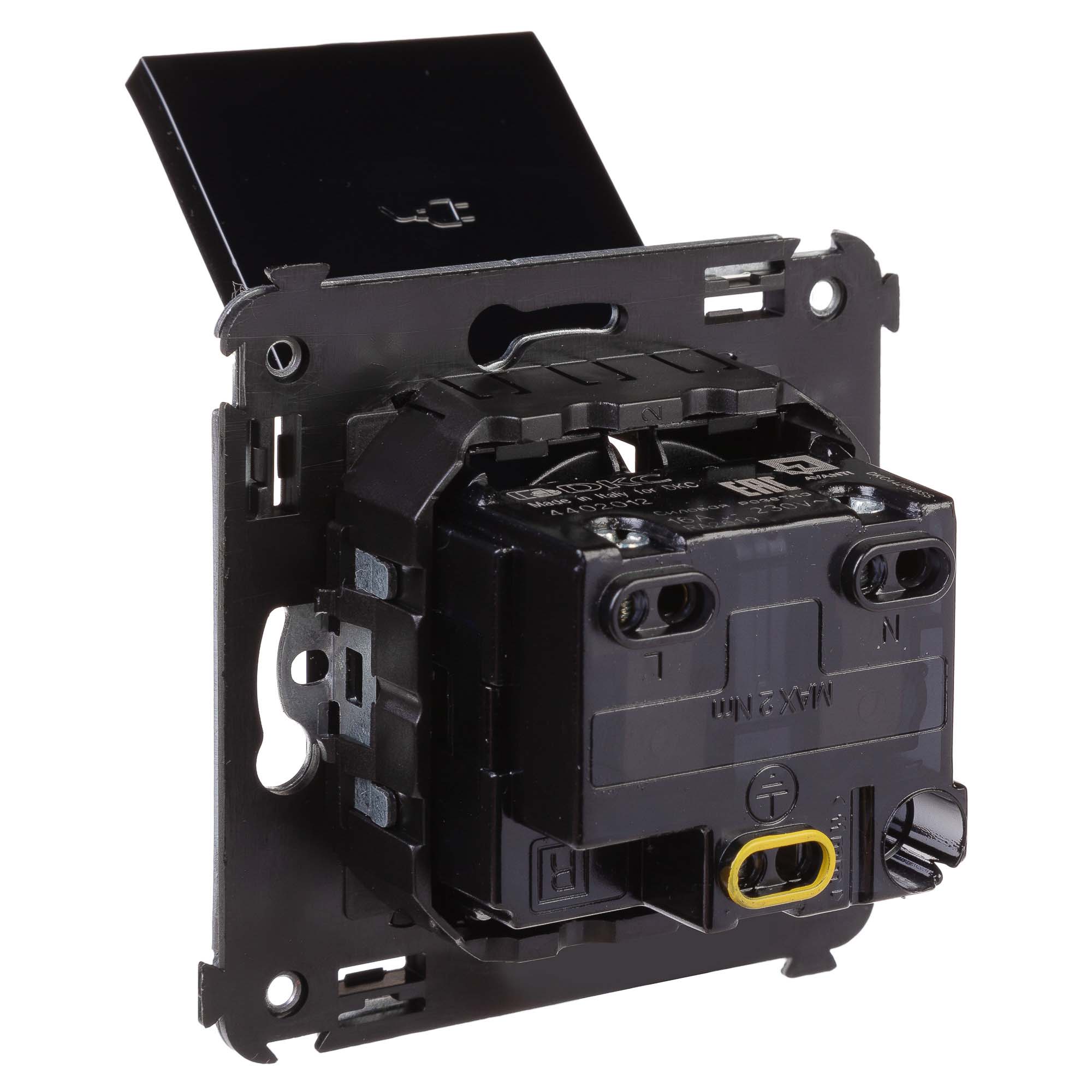 Розетка с крышкой в стену, 2P+E, с з/ш, "Avanti", "Черный квадрат"