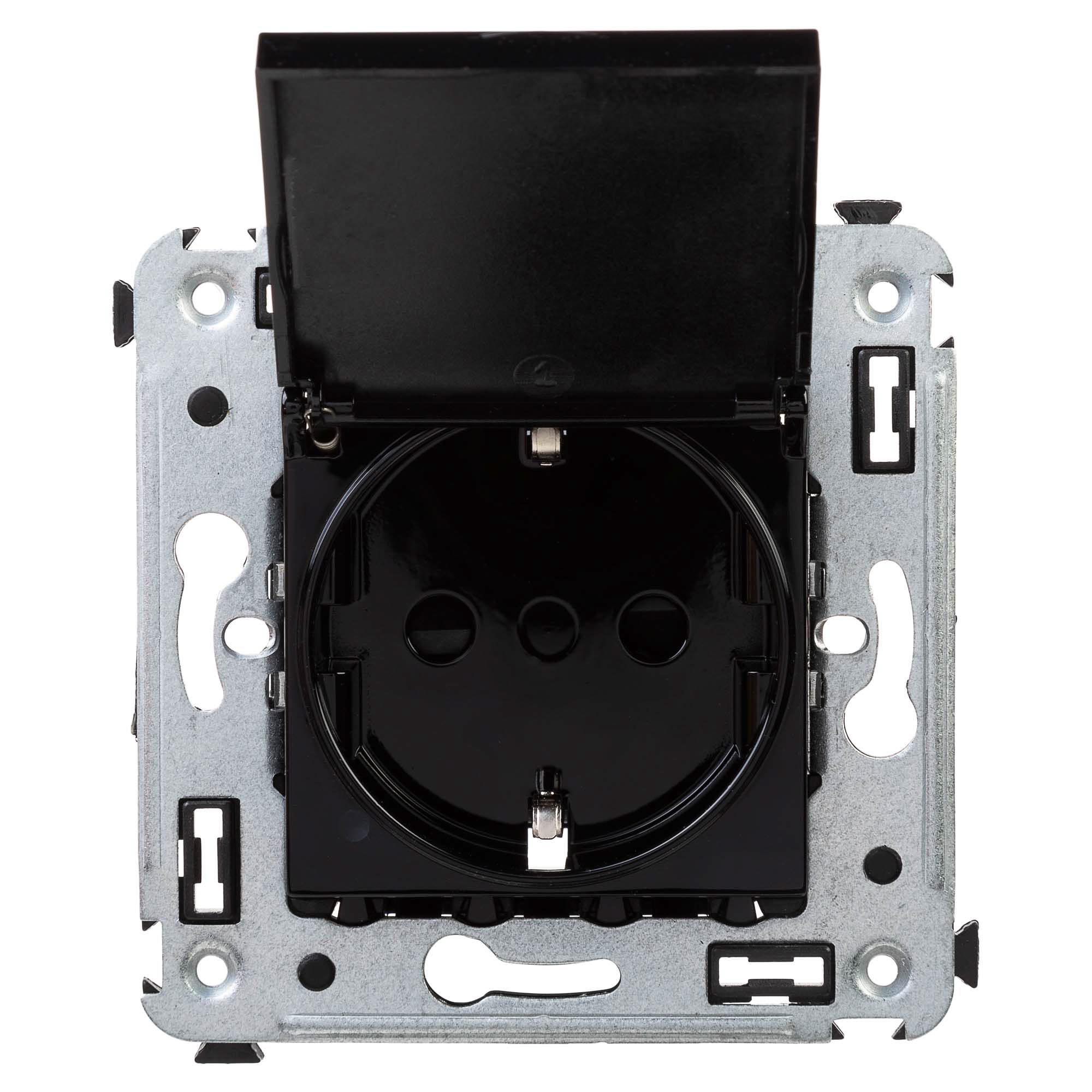 Розетка с крышкой в стену, 2P+E, с з/ш, "Avanti", "Черный квадрат"