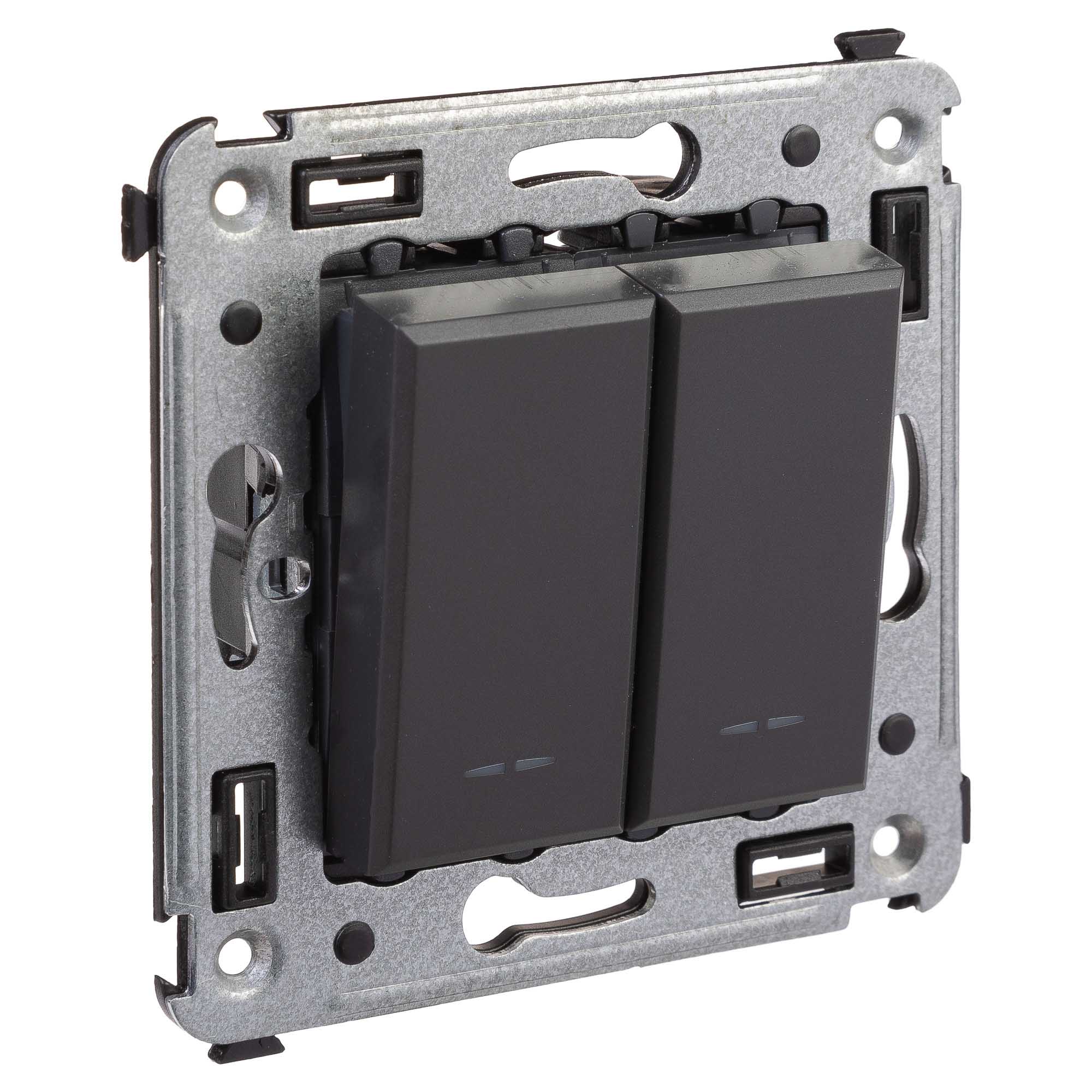 Выключатель двухклавишный в стену, "Avanti", "Черный матовый"