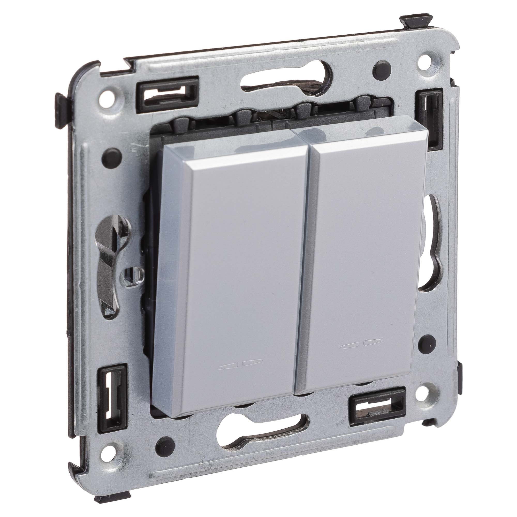 Выключатель двухклавишный в стену, "Avanti", "Закаленная сталь"