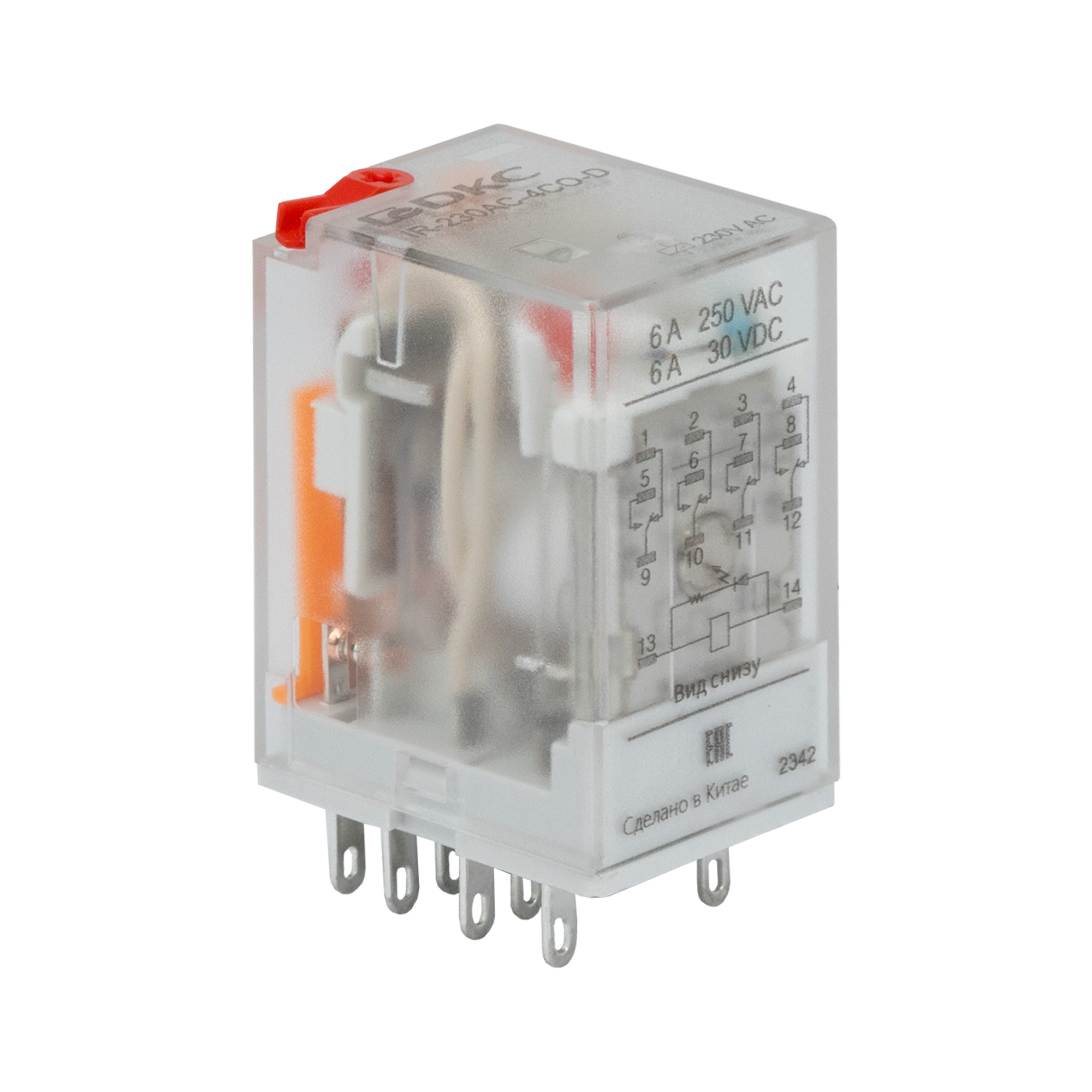 Реле миниатюрное промышленное общего назначения, 4CO, ком. ток 6А, AgSnO2, напряжение 230V AC, опция: тест-кнопка+светодиод