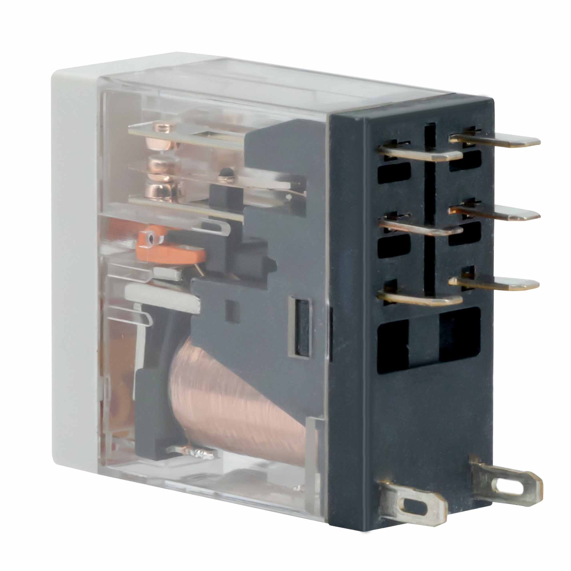 Реле миниатюрное промышленное, 2CO, ком. ток 8А, AgSnO2, напряжение 230V AC, опция: тест-кнопка+светодиод