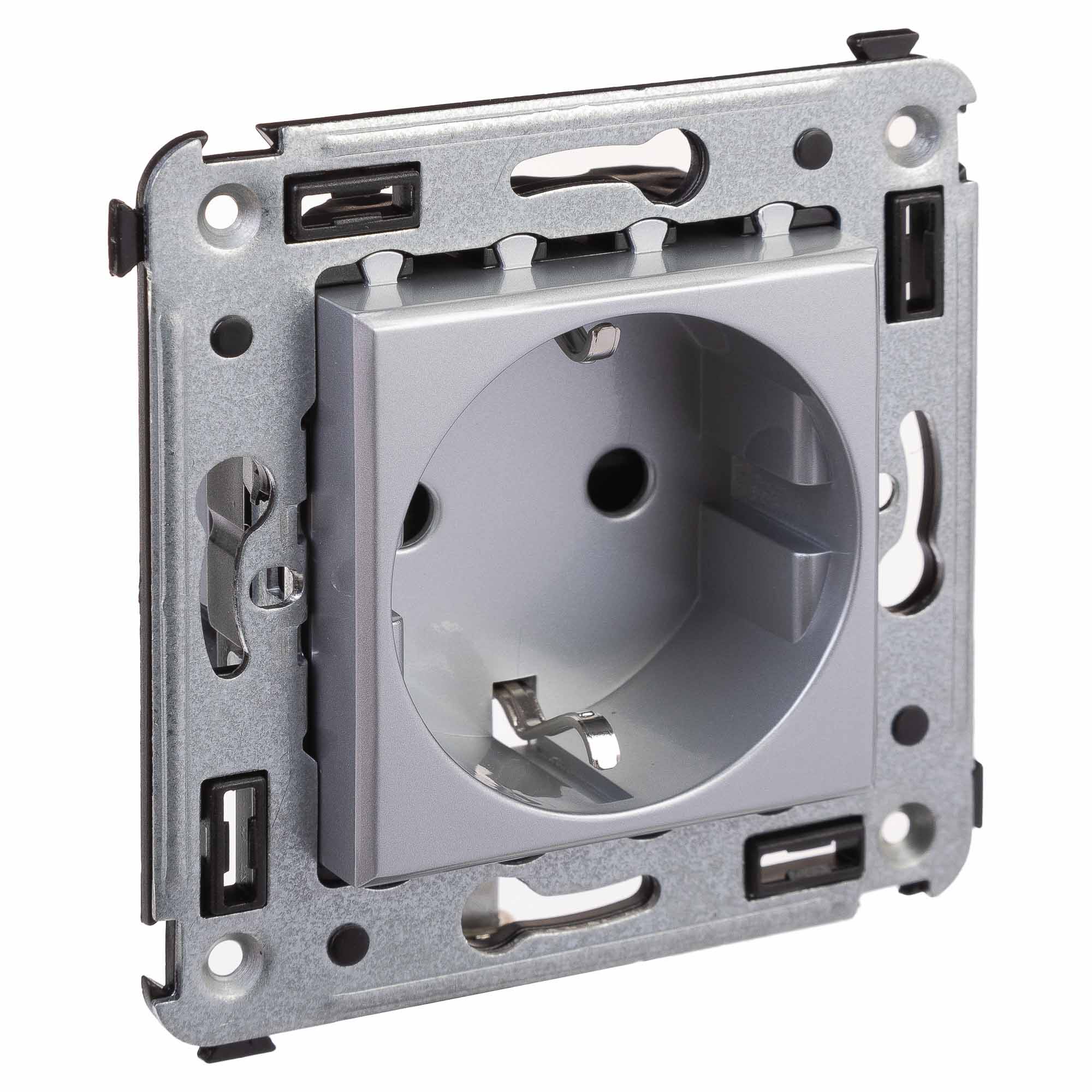 Розетка в стену, 2P+E, с з/ш, "Avanti", "Закаленная сталь"