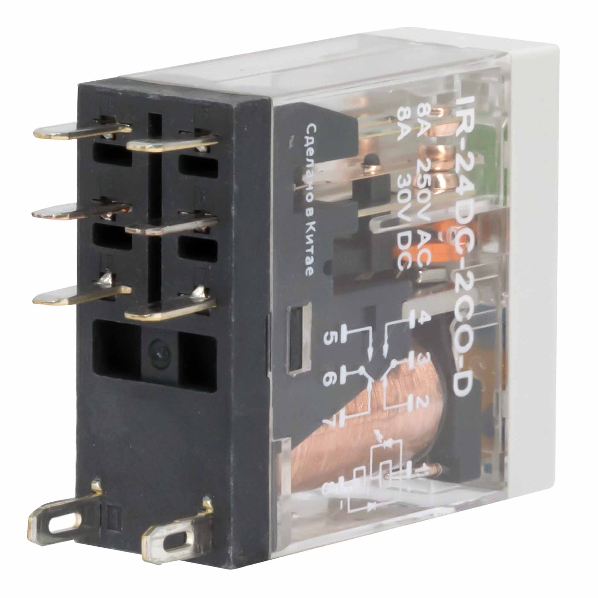 Реле миниатюрное промышленное, 2CO, ком. ток 8А, AgSnO2, напряжение 24V DC, опция: тест-кнопка+светодиод+защитный диод