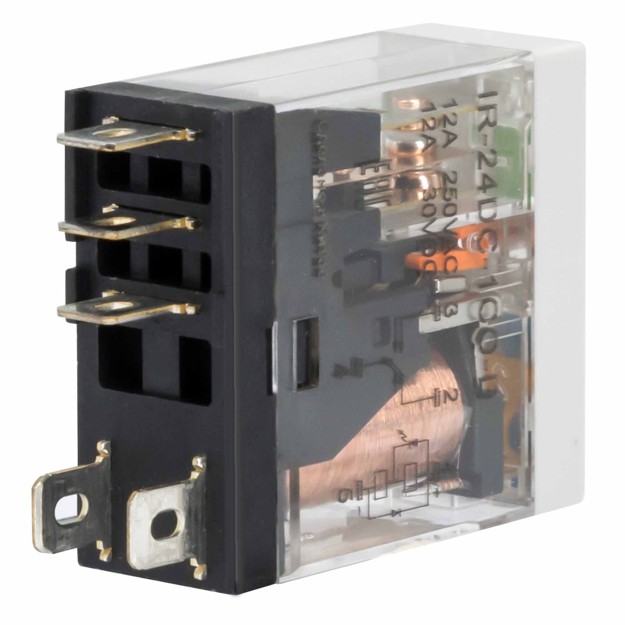 Реле миниатюрное промышленное, 1CO, ком. ток 12А, AgSnO2, напряжение 24V DC, опция: тест-кнопка+светодиод+защитный диод