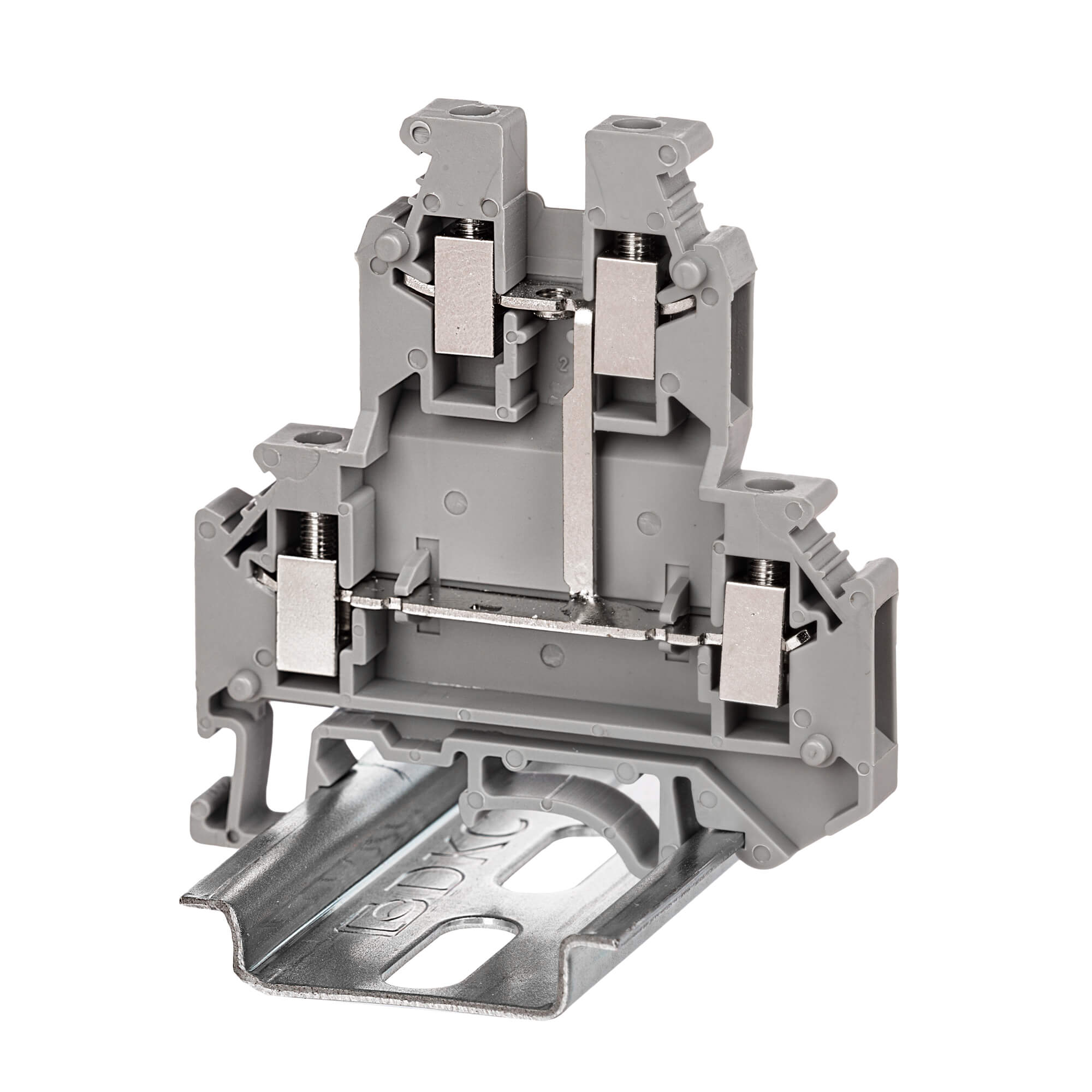 Клемма двухуровневая, винтовой зажим, 4 точки подключения, 4 кв.мм, серая