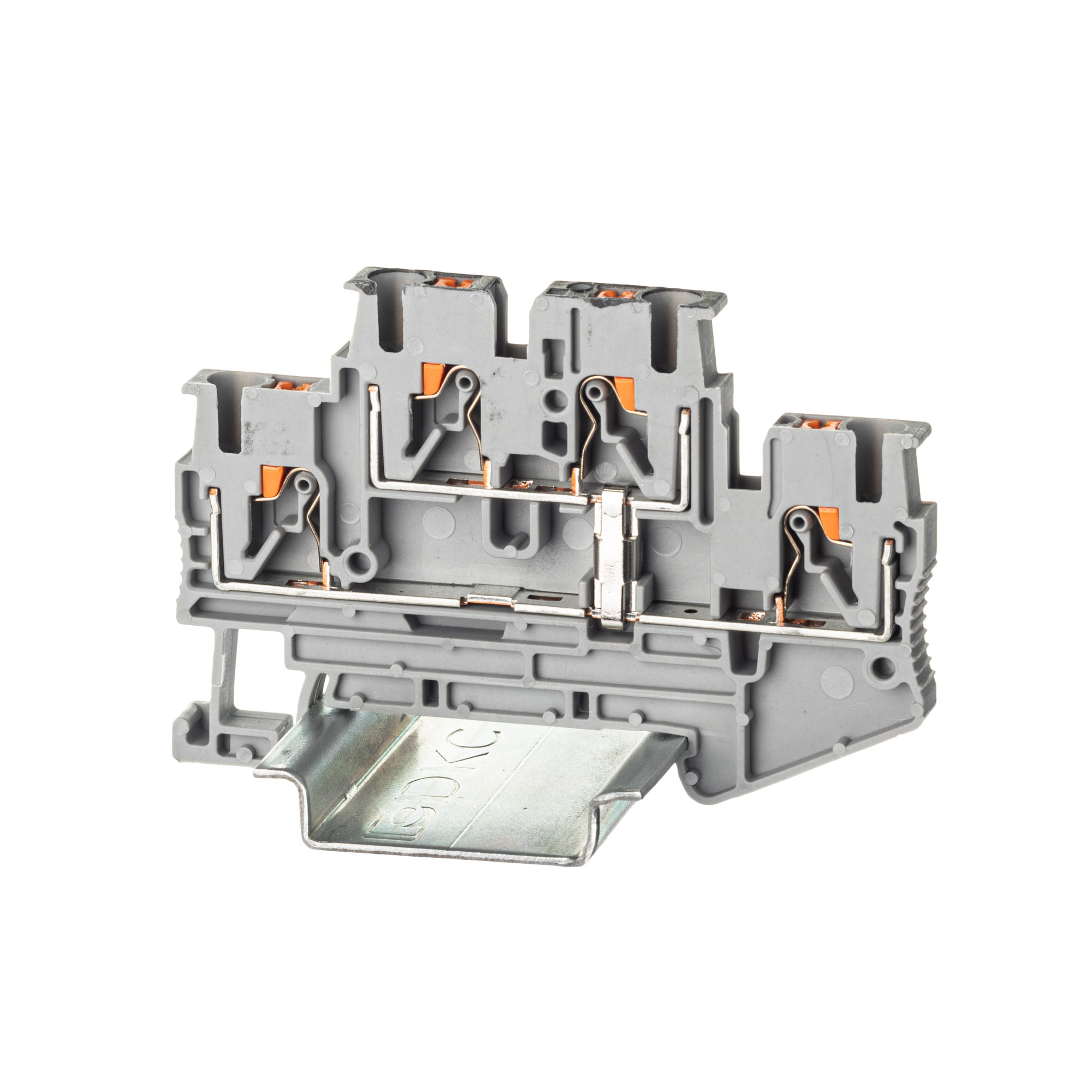 Клемма двухуровневая, зажим push-in, 4 точки подключения, уровни соединены перемычкой, 2.5 кв.мм, серая