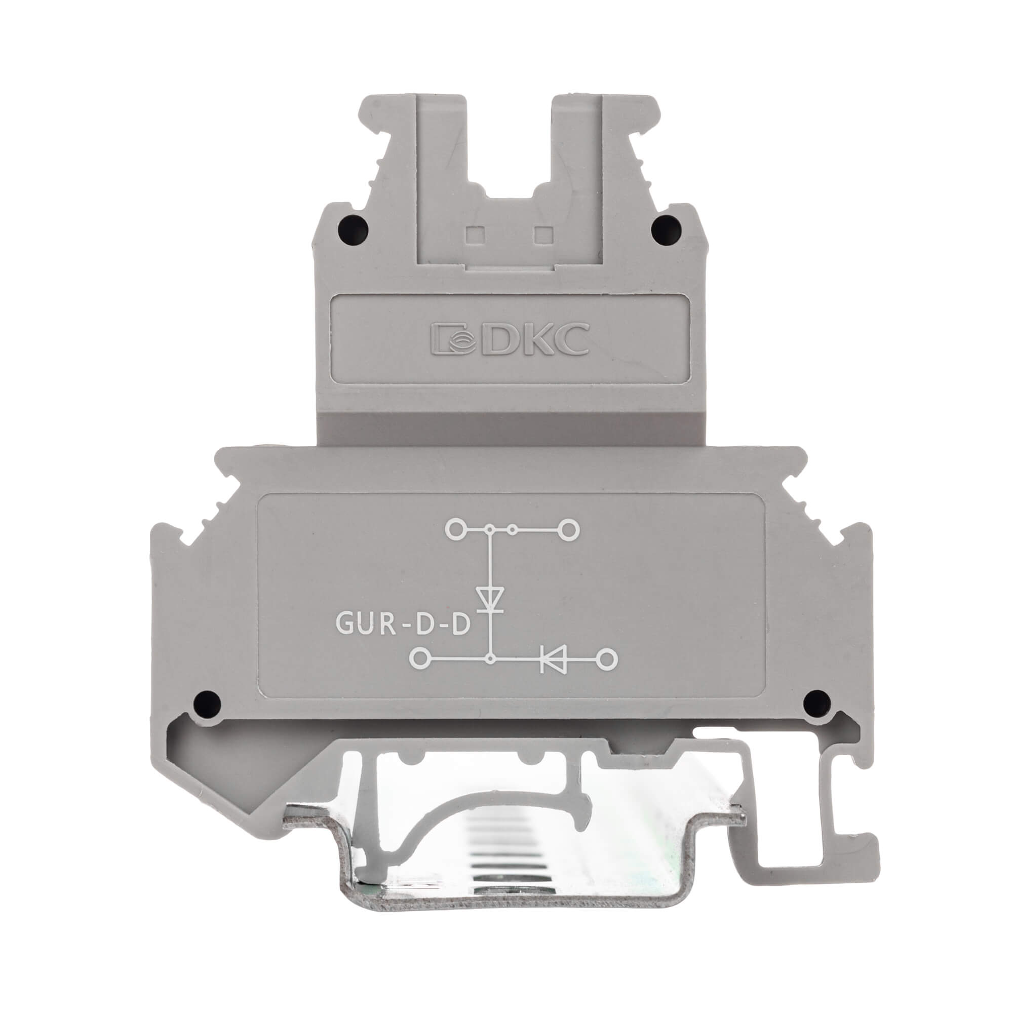 Клемма со встроенным диодом, двухуровневая, два диода: один междуверхним и нижним уровнем, второй - между выводами нижнего уровня катодобоих диодов соединен с нижним левым выводом, винтовой зажим, 4 точкиподключения, 4 кв.мм, серая