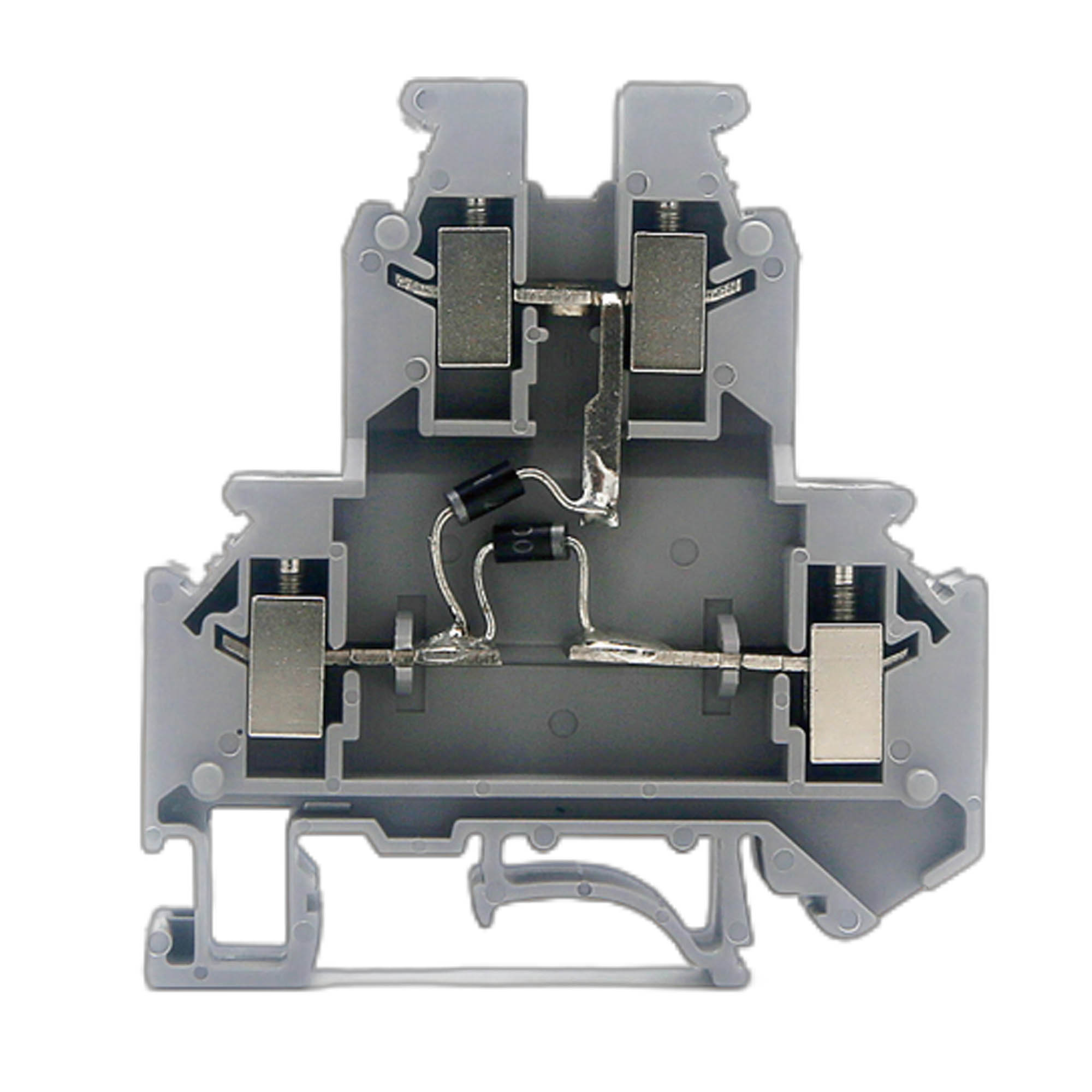 Клемма со встроенным диодом, двухуровневая, два диода: один междуверхним и нижним уровнем, второй - между выводами нижнего уровня катодобоих диодов соединен с нижним левым выводом, винтовой зажим, 4 точкиподключения, 4 кв.мм, серая