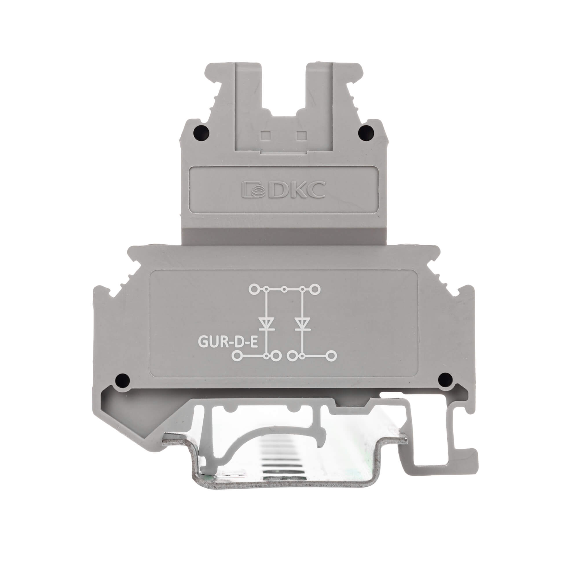 Клемма со встроенным диодом, двухуровневая, два диода между верхним инижним уровнем, аноды обоих соединены между собой на верхнем уровне,катоды соединены с левым и правым выводами нижнего уровня, винтовойзажим, 4 точки подключения, 4 кв.мм, серая