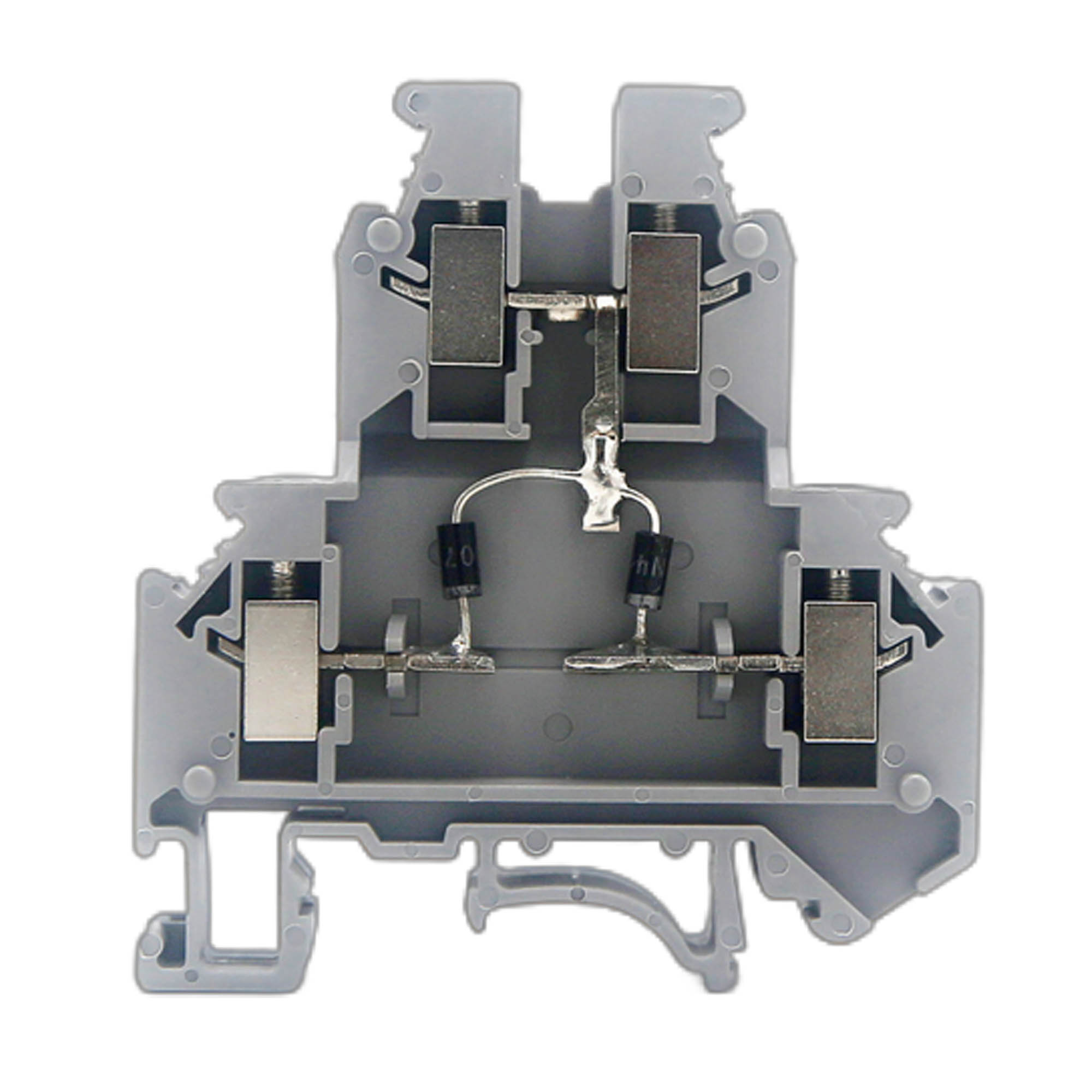 Клемма со встроенным диодом, двухуровневая, два диода между верхним инижним уровнем, аноды обоих соединены между собой на верхнем уровне,катоды соединены с левым и правым выводами нижнего уровня, винтовойзажим, 4 точки подключения, 4 кв.мм, серая