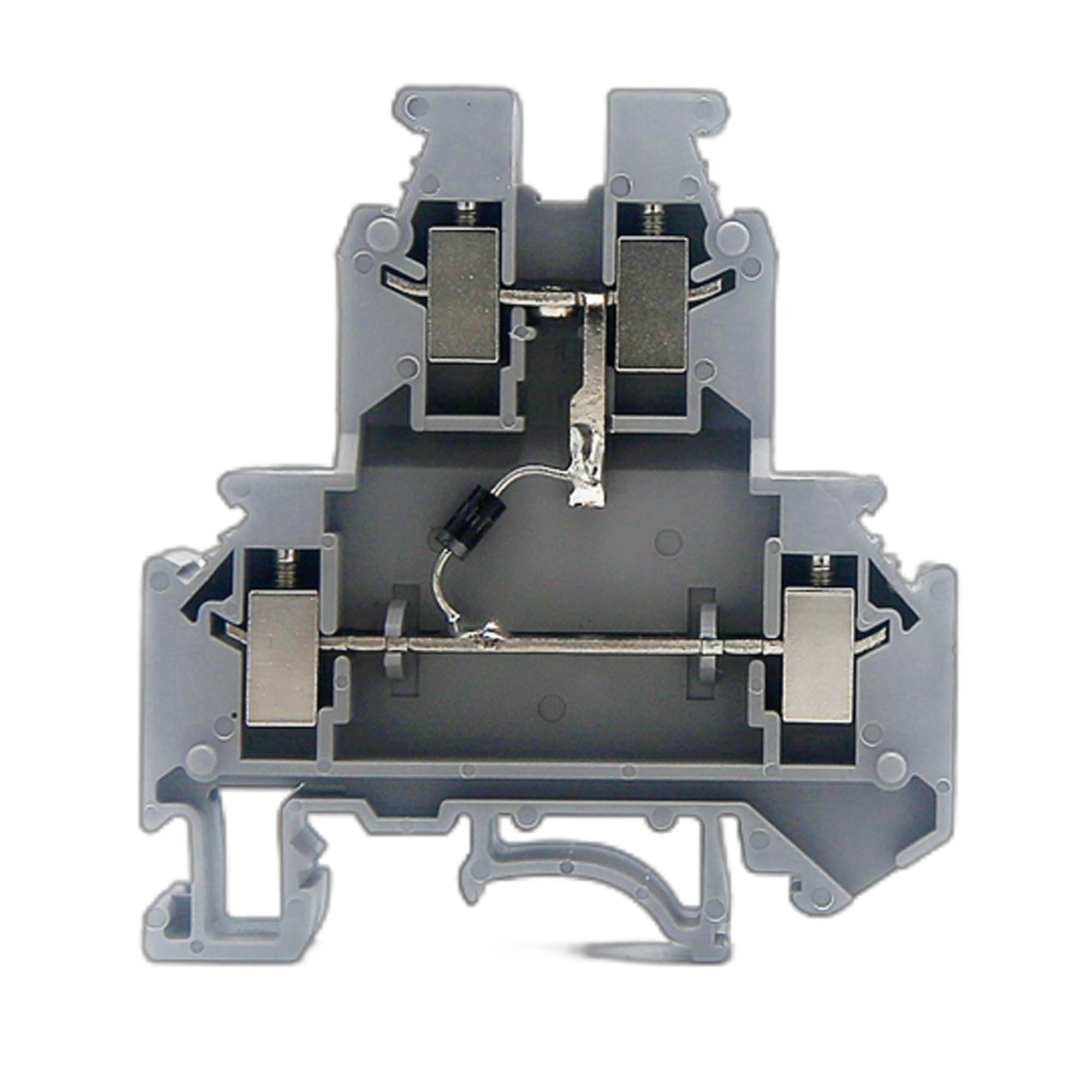 Клемма со встроенным диодом, двухуровневая, один диод между верхним инижним уровнем, катод соединен с нижним уровнем, винтовой зажим, 4 точкиподключения, 4 кв.мм, серая