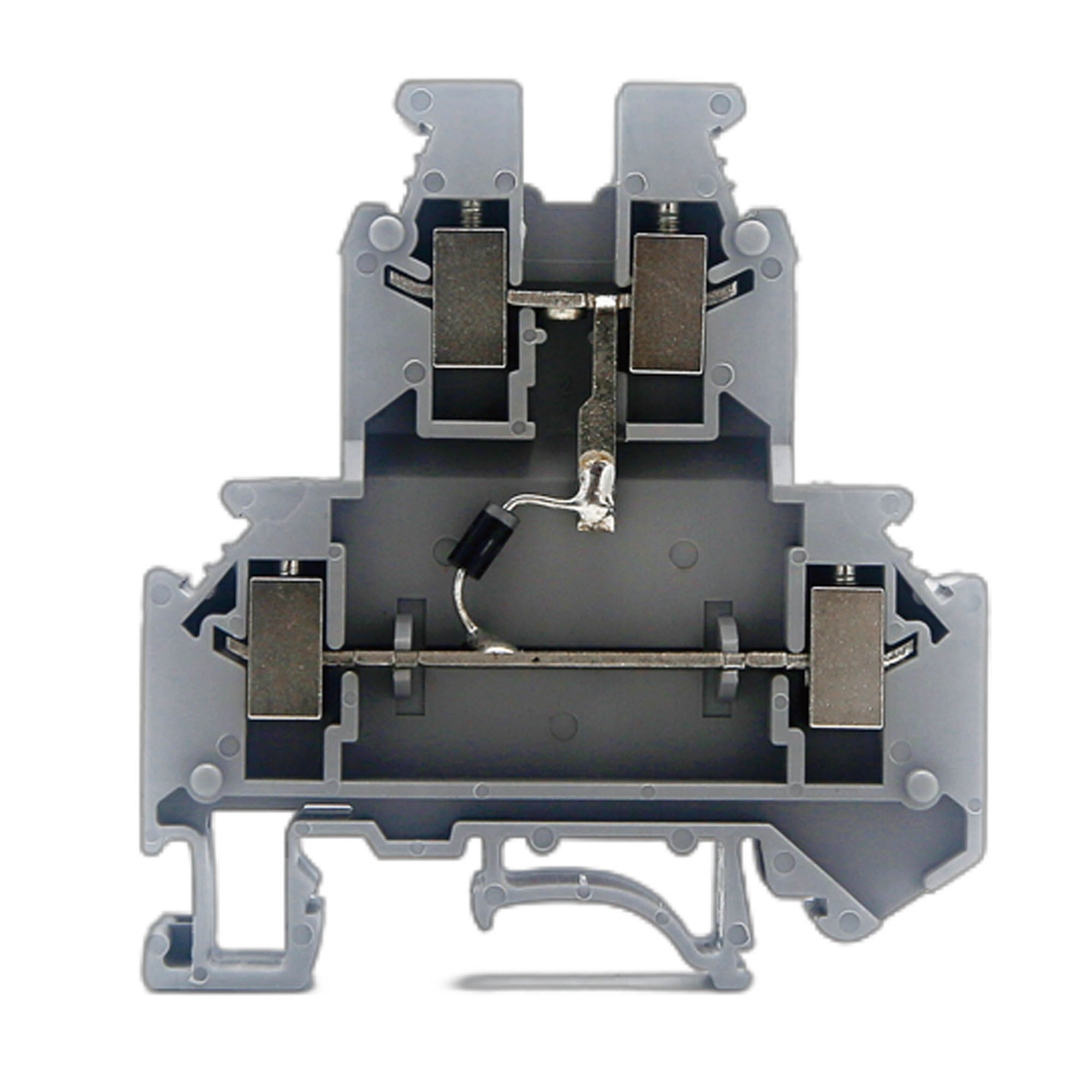 Клемма со встроенным диодом, двухуровневая, один диод между верхним инижним уровнем, катод соединен с верхним уровнем, винтовой зажим, 4точки подключения, 4 кв.мм, серая