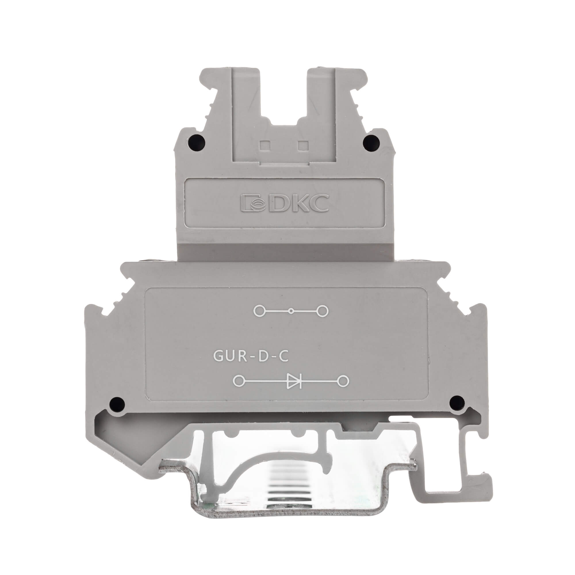 Клемма со встроенным диодом, двухуровневая, один диод между выводаминижнего уровня, катод соединен с правым выводом, винтовой зажим, 4 точкиподключения, 4 кв.мм, серая