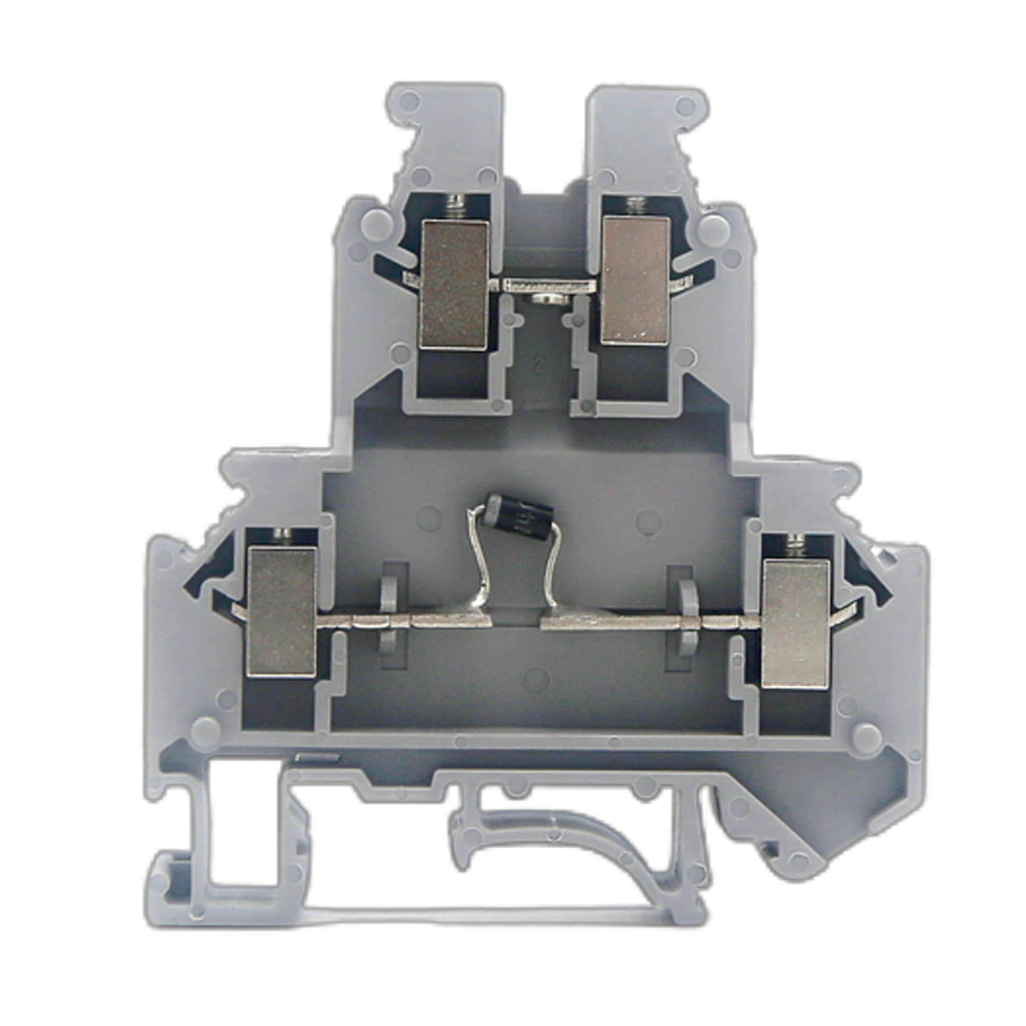 Клемма со встроенным диодом, двухуровневая, один диод между выводаминижнего уровня, катод соединен с правым выводом, винтовой зажим, 4 точкиподключения, 4 кв.мм, серая