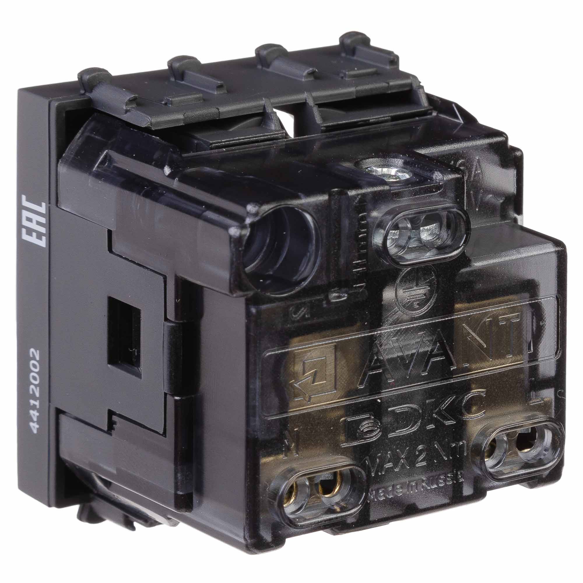 Розетка модульная, 2P+E, с з/ш, "Avanti", "Черный матовый", 2 модуля