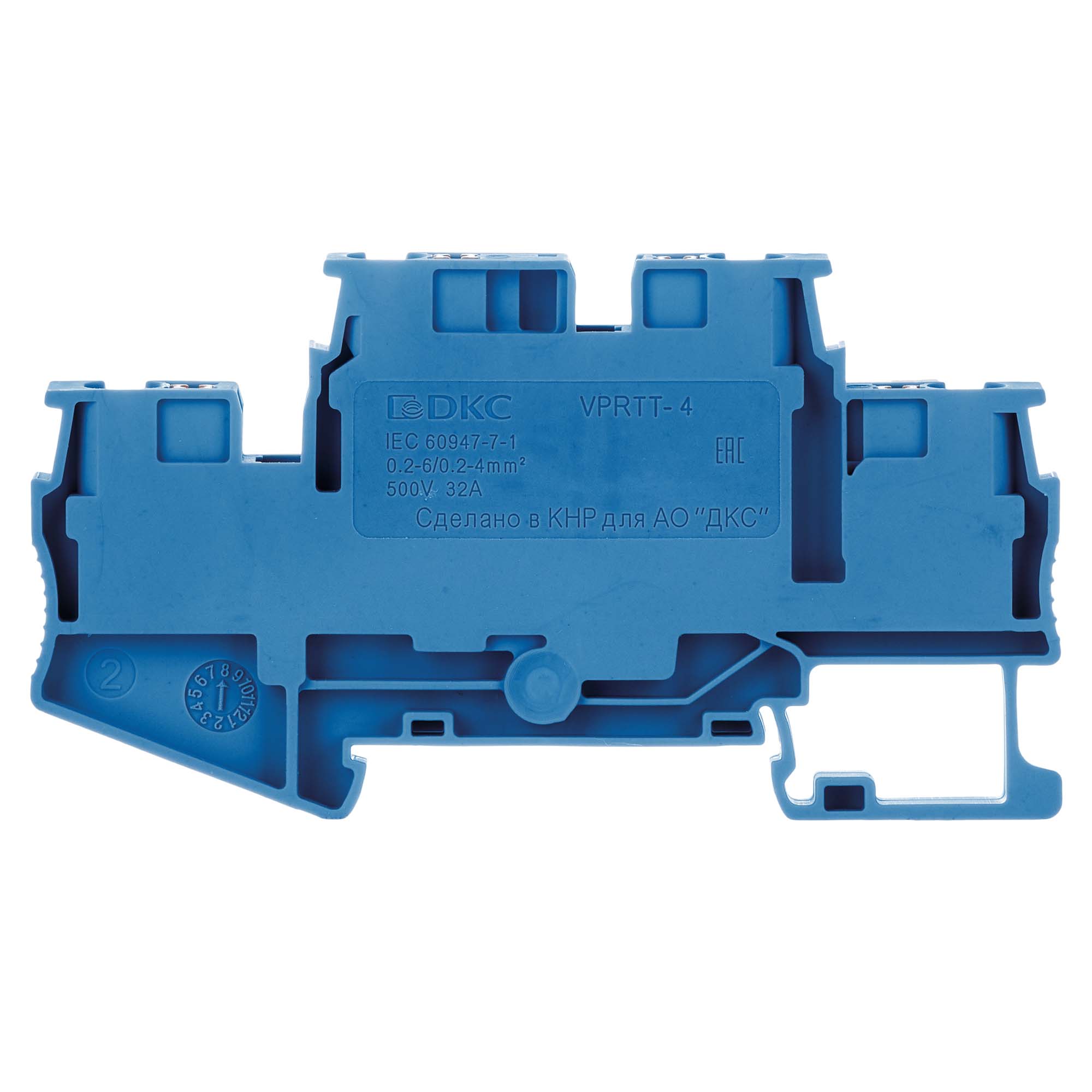 Клемма двухуровневая, зажим push-in, 4 точки подключения, 4 кв.мм, синяя