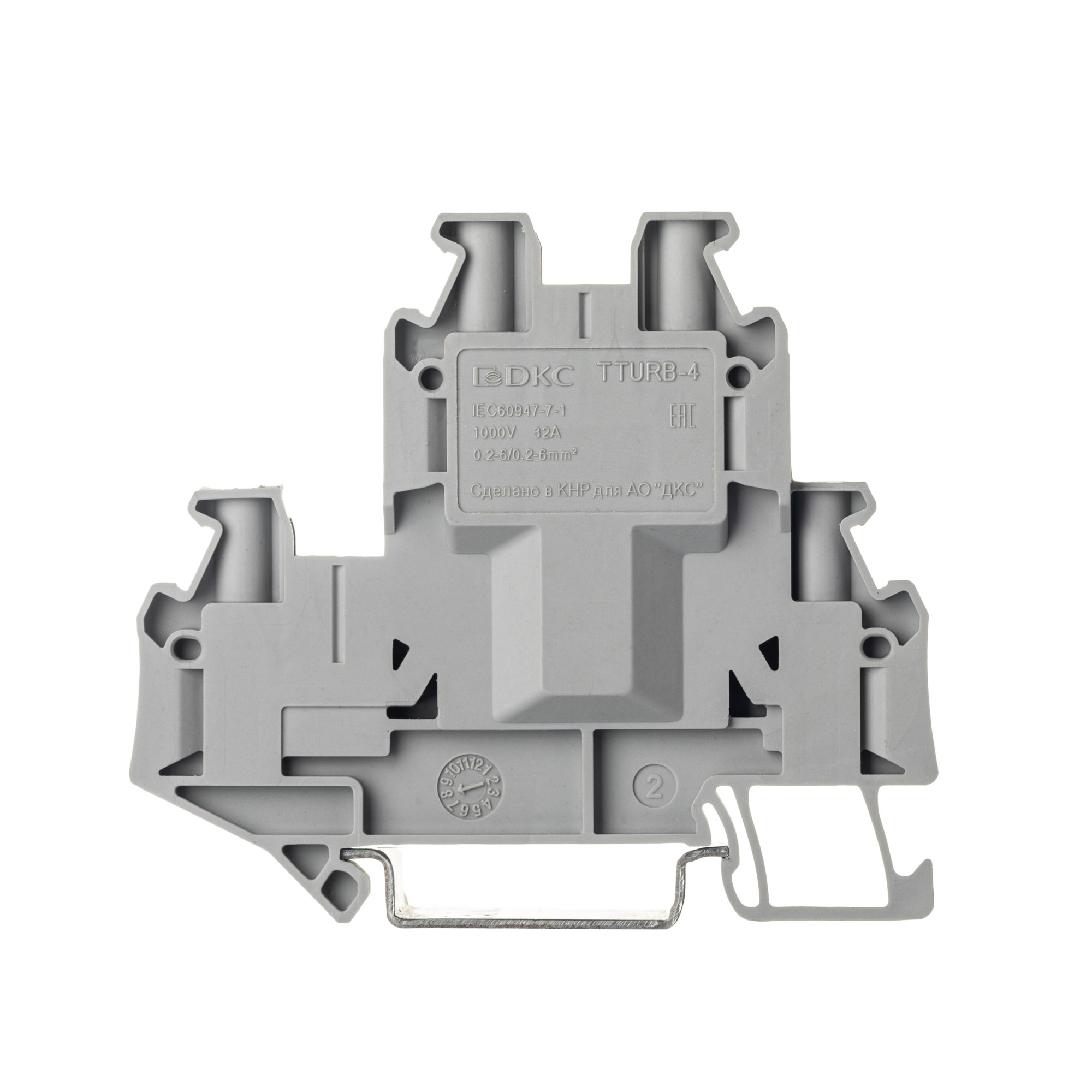 Клемма двухуровневая, винтовой зажим, 4 точки подключения, 4 кв.мм, серая