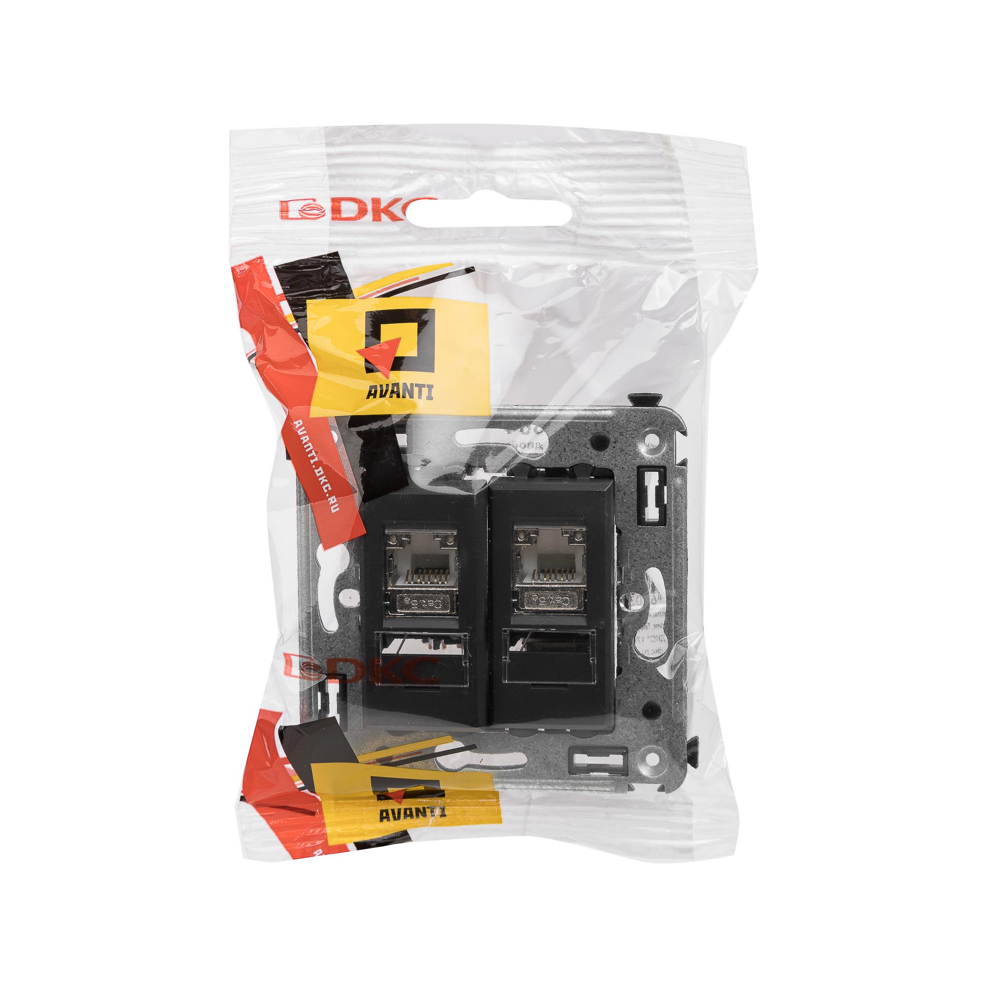 Компьютерная розетка RJ-45 в стену, кат.5e двойная экранированная,"Avanti", "Черный матовый"