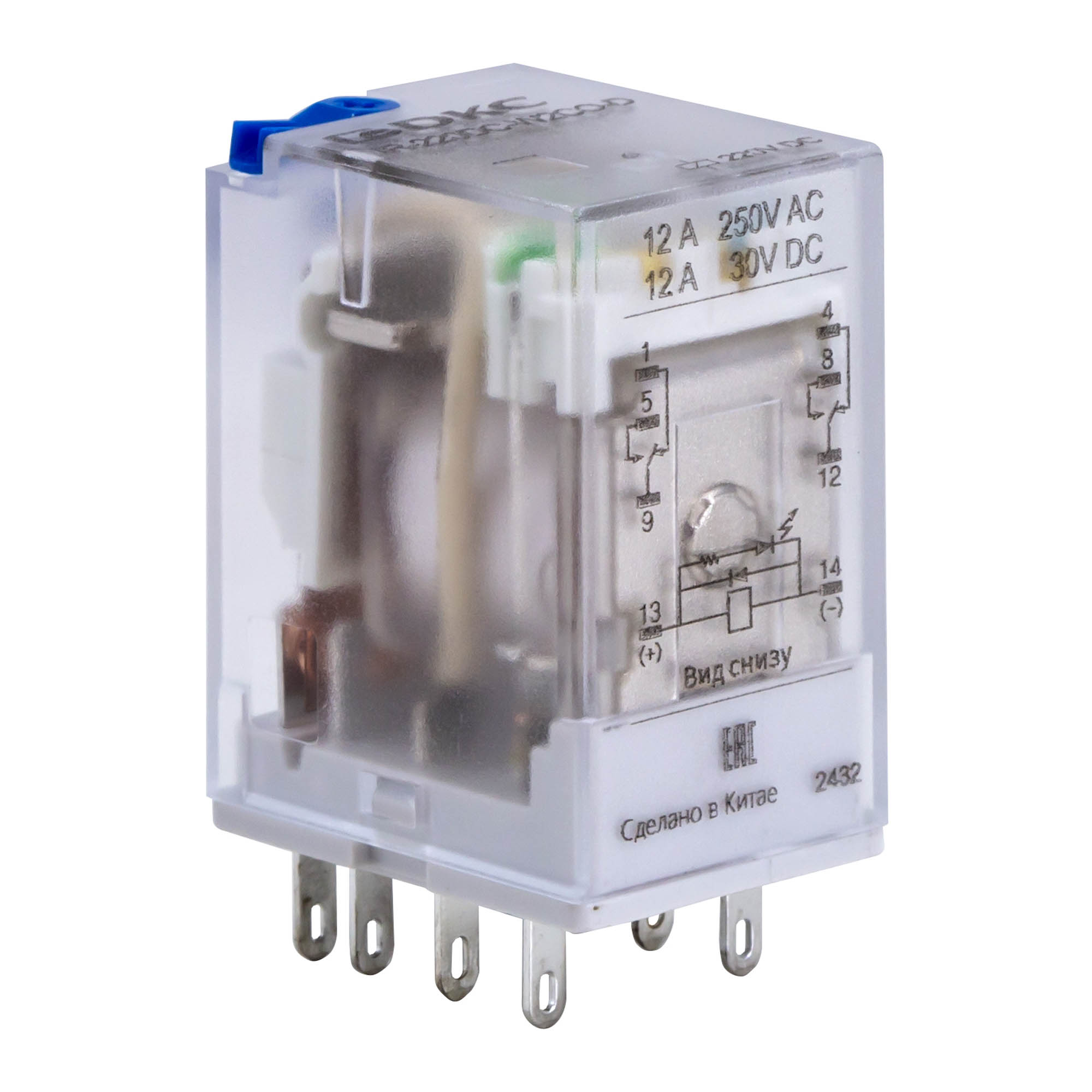 Реле миниатюрное промышленное общего назначения, 2CO, ком. ток 12А, AgSnO2, напряжение 12V DC, опция: тест-кнопка+светодиод+защитный диод