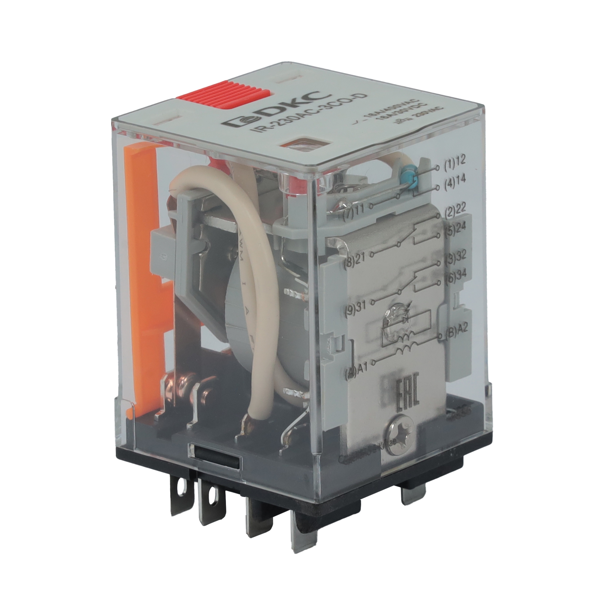 Реле миниатюрное силовое, 3CO, ком. ток 16А, AgSnO2, напряжение 24V AC, опция: тест-кнопка+светодиод