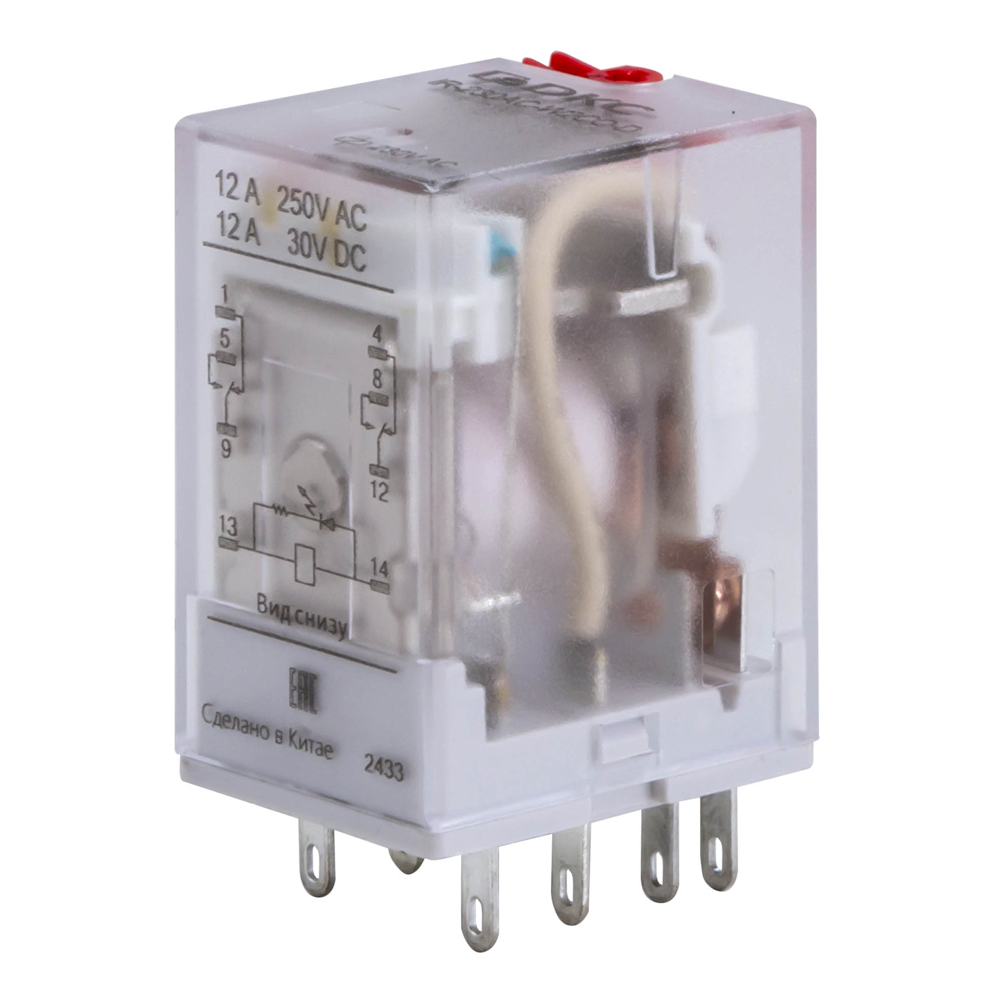 Реле миниатюрное промышленное общего назначения, 2CO, ком. ток 12А, AgSnO2, напряжение 24V AC, опция: тест-кнопка+светодиод