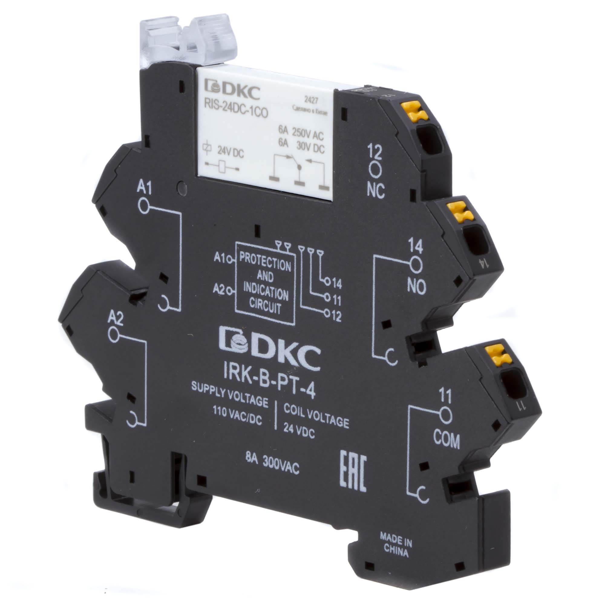 Реле интерфейсное, 1CO, ком. ток 6А, AgSnO2, напряжение 110V AC/DC, push-in клеммы.