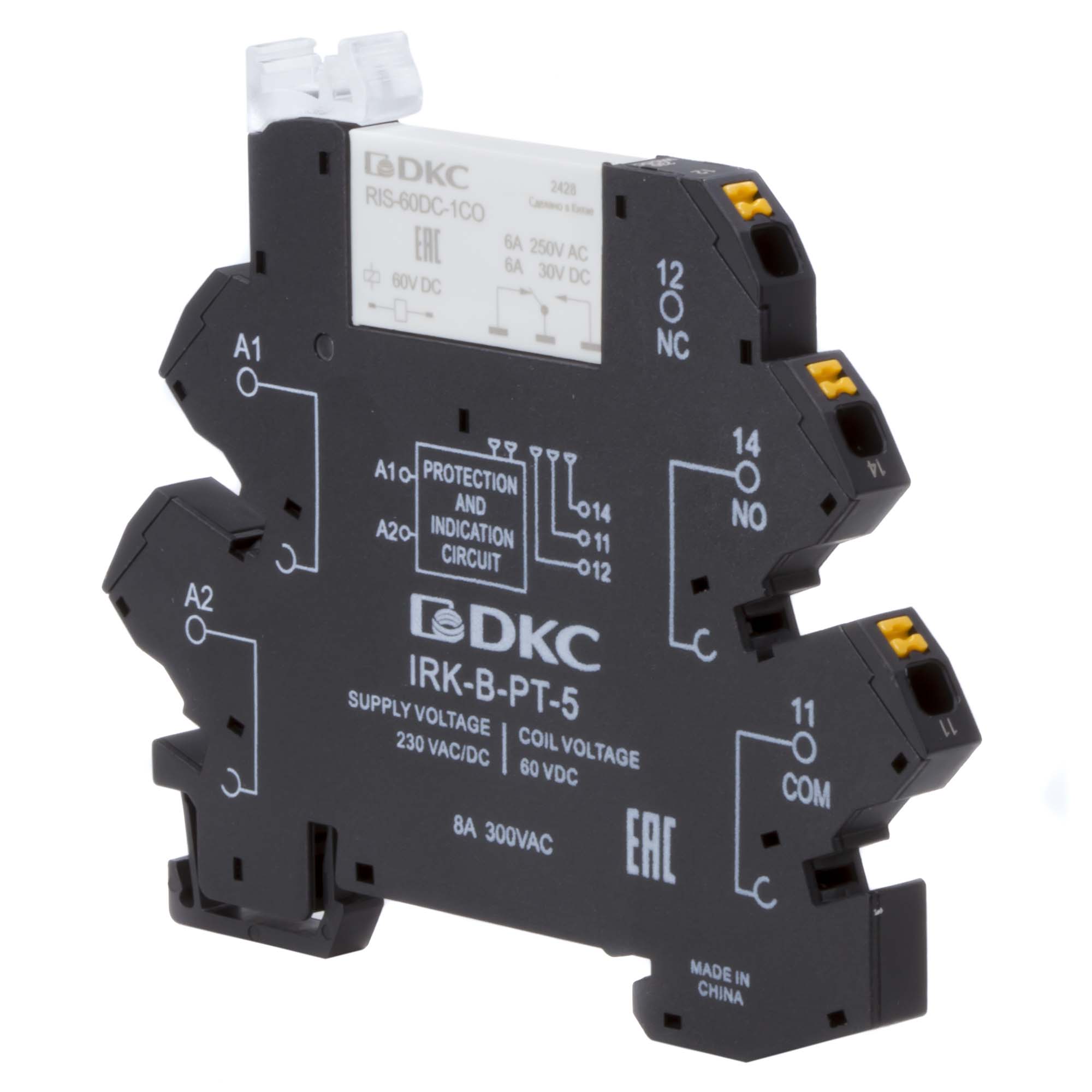 Реле интерфейсное, 1CO, ком. ток 6А, AgSnO2, напряжение 230V AC/DC, push-in клеммы.