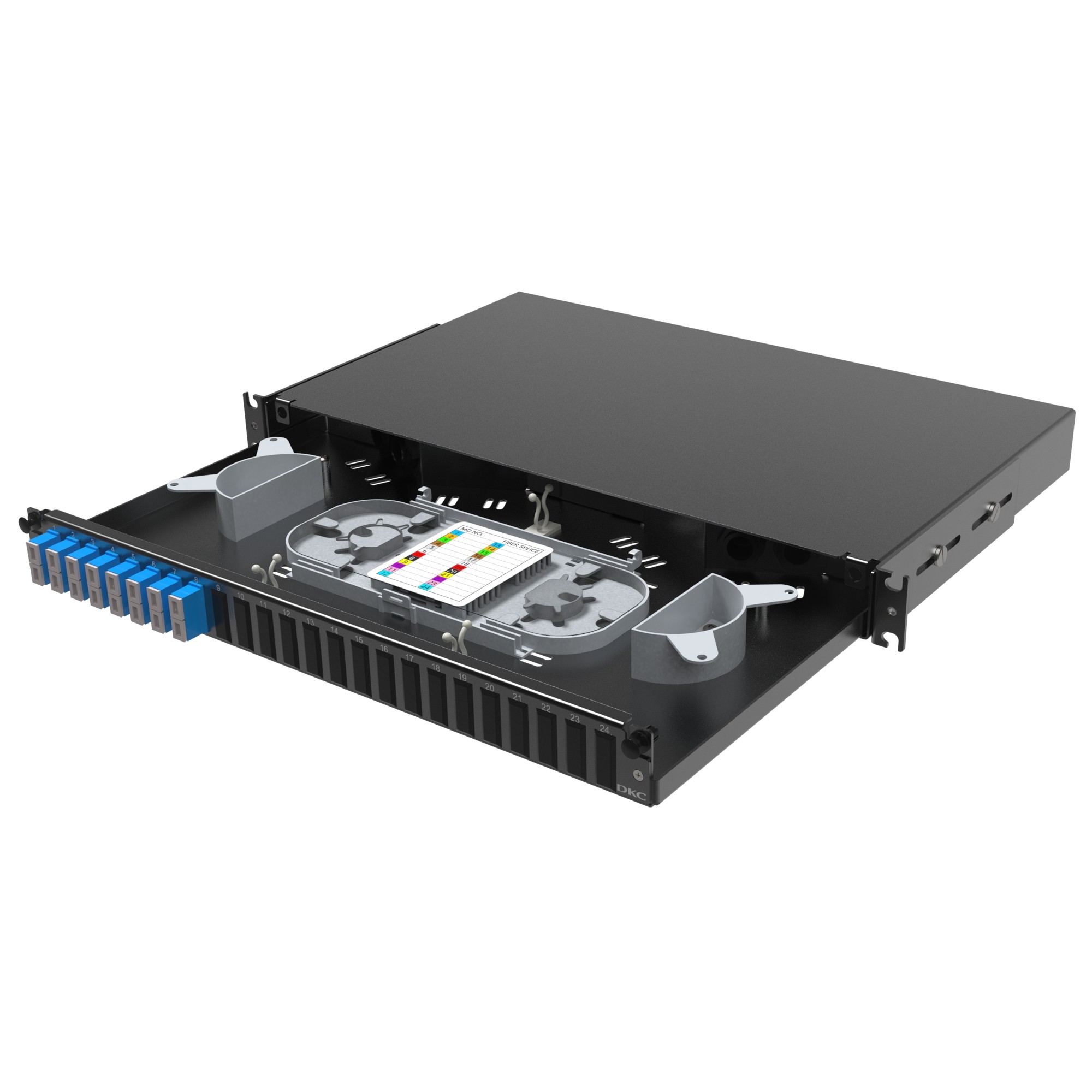 Оптическая полка выдвижная 1U с адатерами 8 х duplex SC OS2 в комплекте с лицевой панелью, пигтейлами, сплайс-кассет(ой/ами) и гильзами КДЗС