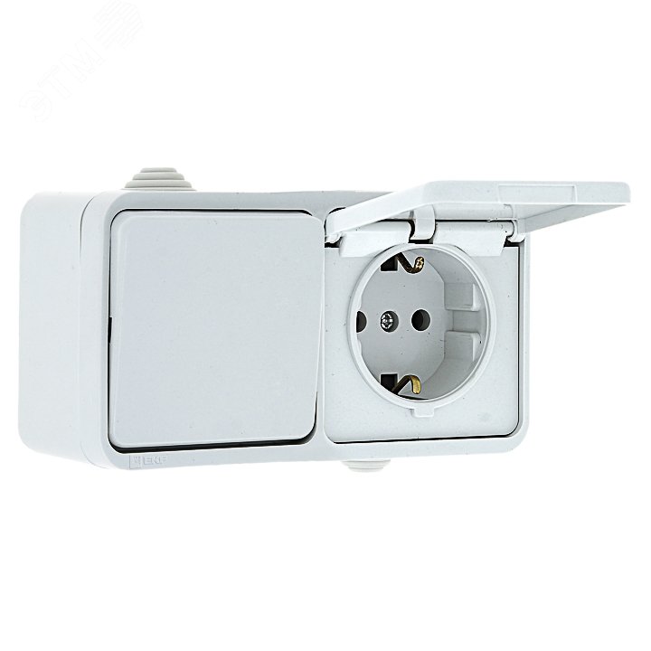 Блок розетка-выключатель 1-кл. 16А с/з с крышкой IP44 белая Прага