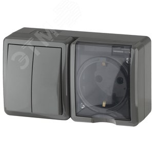 Блок розетка+выключатель двойной IP54, 16A(10AX)-250В, ОУ, Эра Эксперт, серый, 11-7402-03