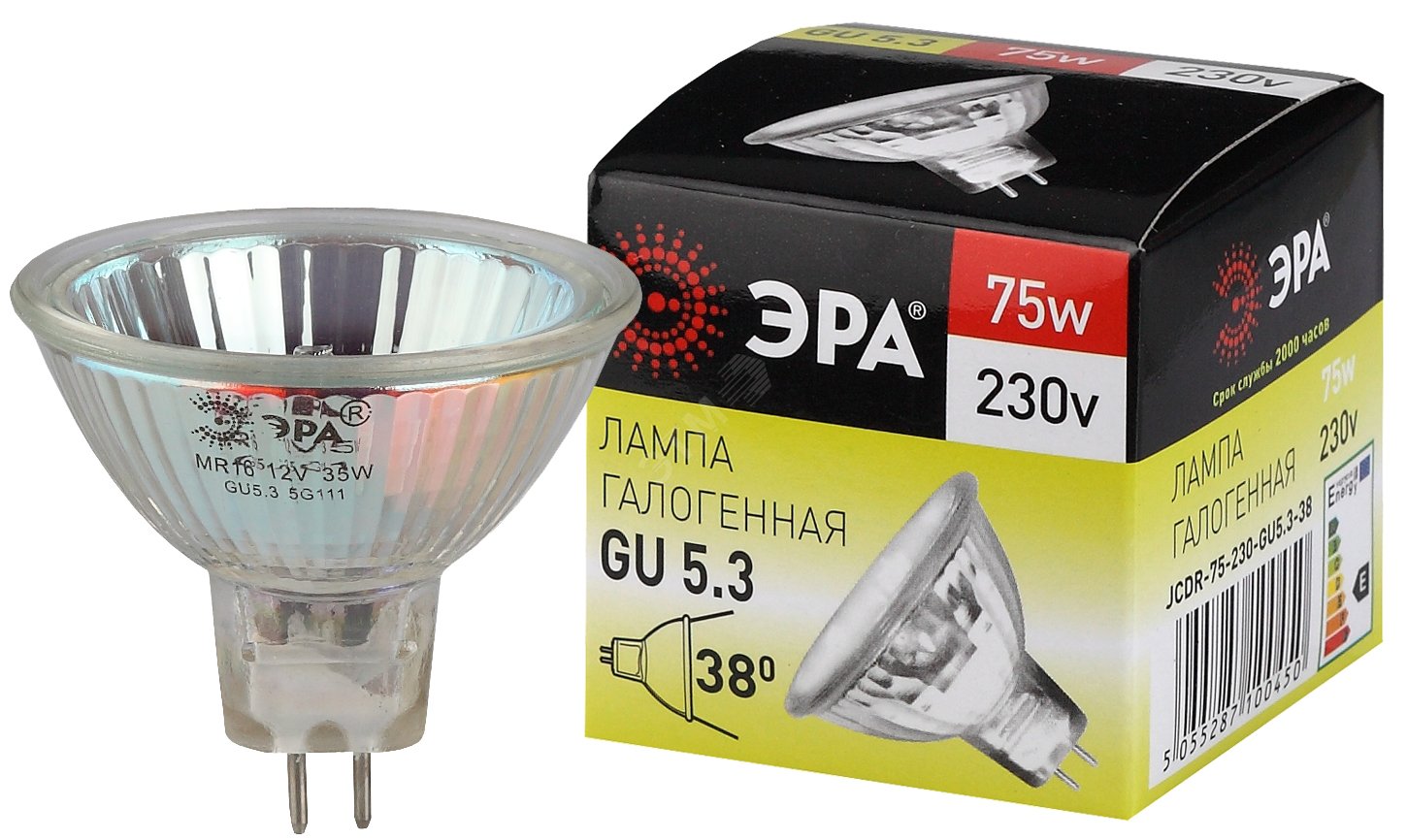Лампа накаливания галогенная GU5.3-JCDR (MR16) -75W-230V-CL (галоген, софит, 75Вт, нейтр, GU5.3) (10/200/6000)