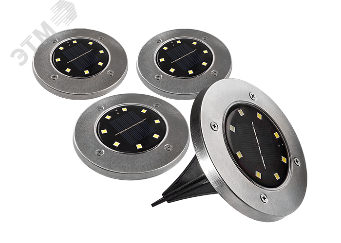 Светильник светодиодный для ландшафтного освещения садово-парковый ДВУ-0.2Вт 5000К в грунт солнечная батарей нерж. сталь компл. 4шт IP44