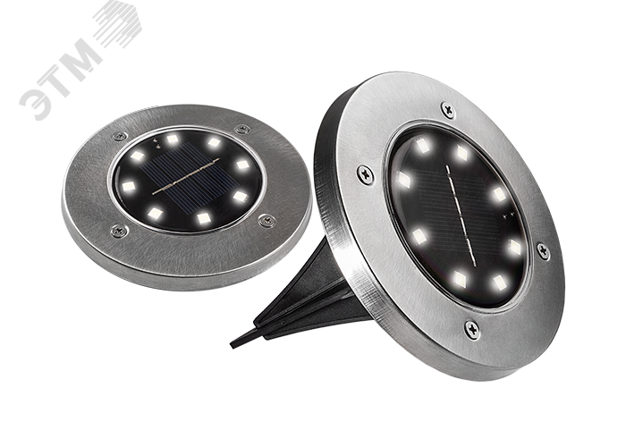 Светильник светодиодный для ландшафтного освещения садово-парковый ДВУ-0.2Вт 5000К в грунт солнечная батарей нерж. сталь компл. 2шт IP44