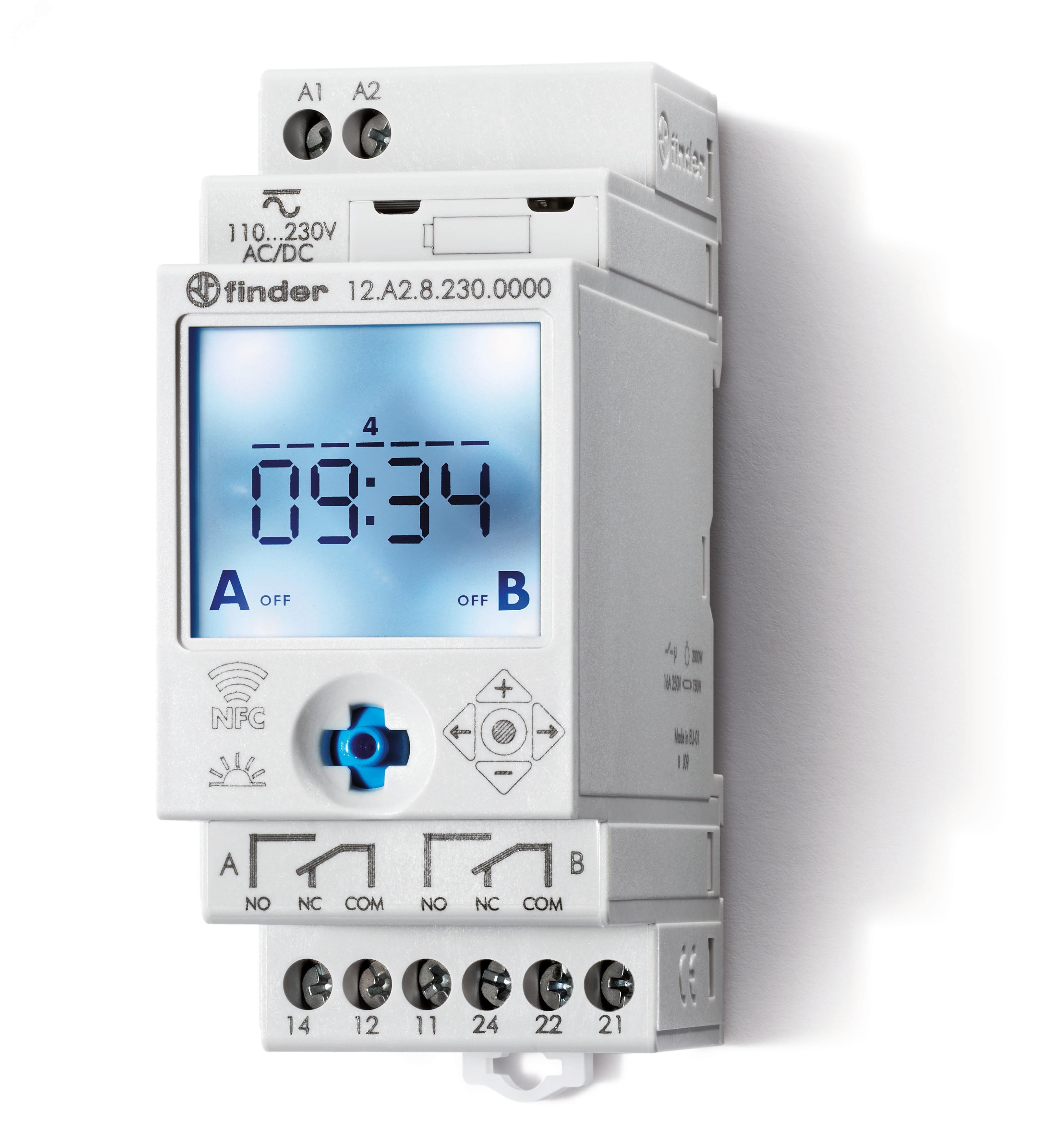 Реле времени цифровое недельное, монтаж на рейку 35мм, 2СO 16A, питание 24B AC/DC, NFC, ширина 35мм, степень защиты IP20