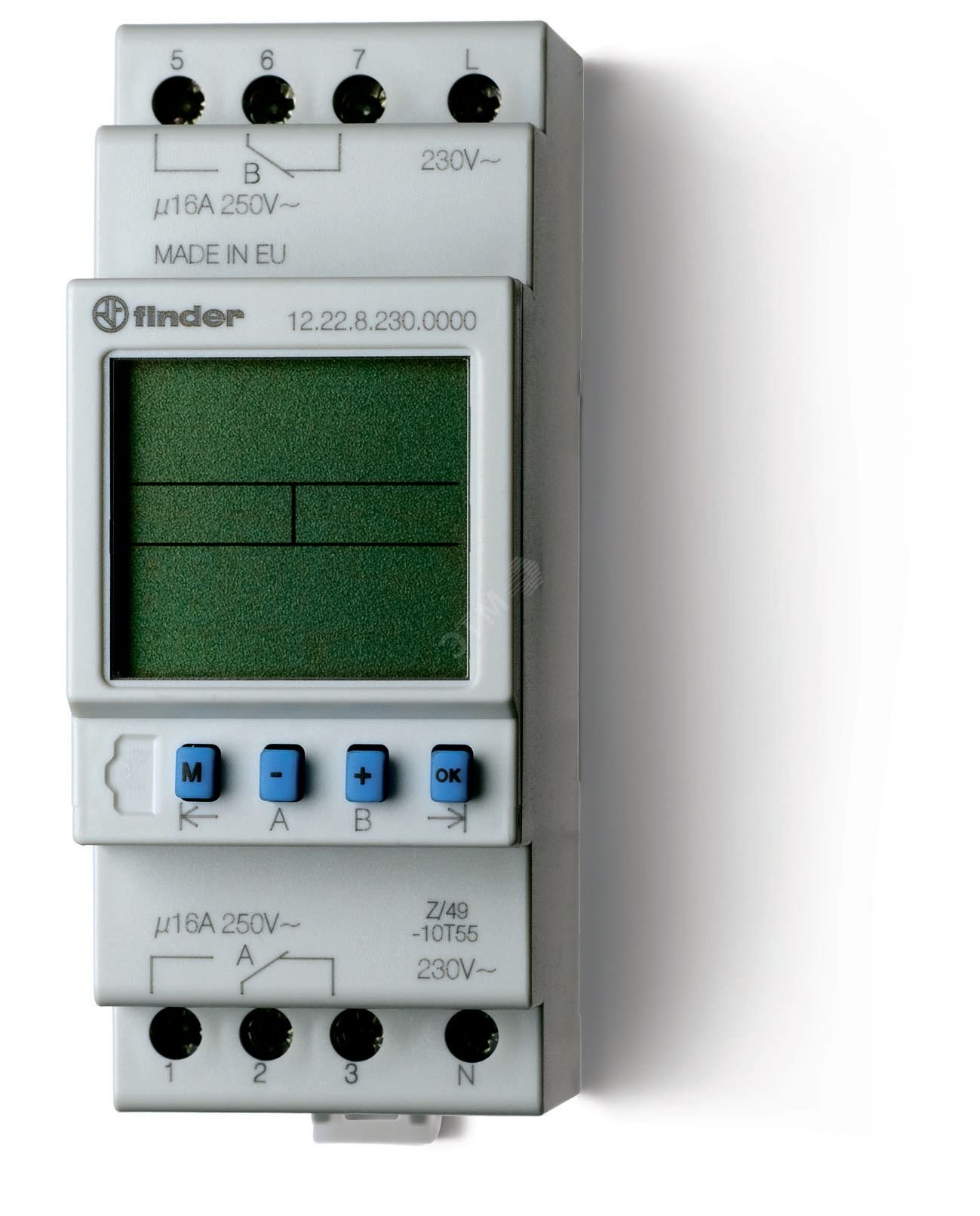 Реле времени цифровое недельное, монтаж на рейку 35мм, 2СO 16A, питание 230В АC, ширина 35.8мм, степень защиты IP20